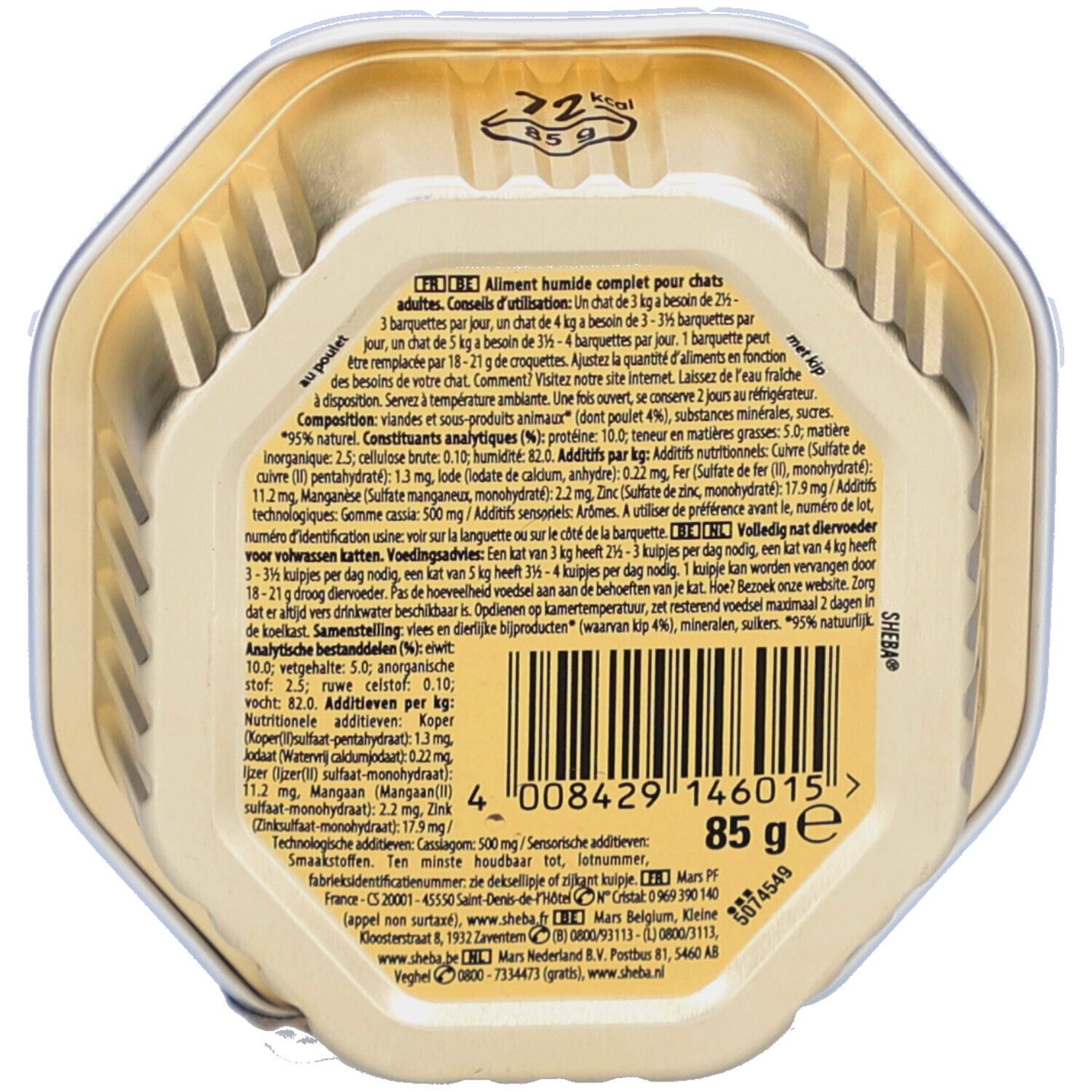 Rückseite der Sheba Finesse Hühnermousse Verpackung. Text mit Inhaltsstoffen, Nährwertangaben und Herstellerinformationen.