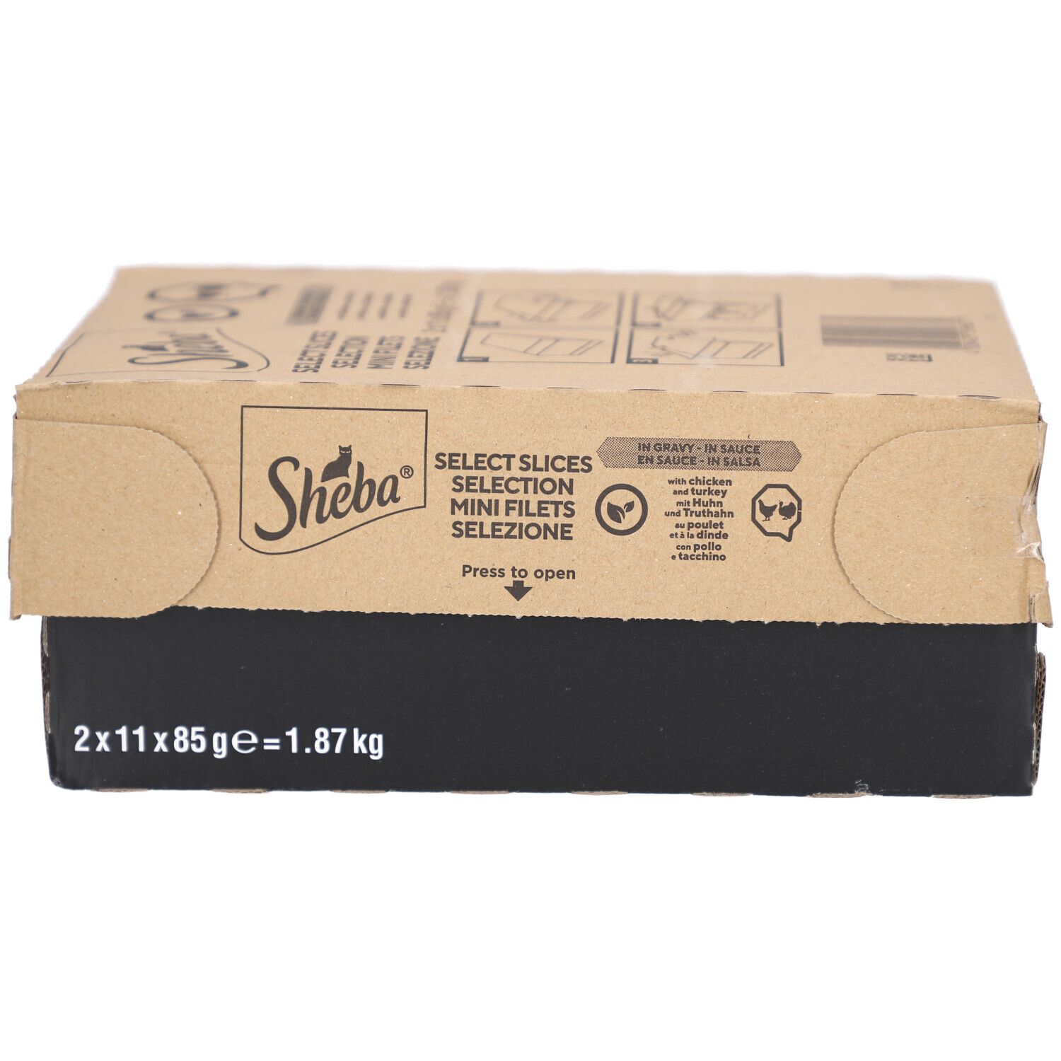 Kartonverpackung mit Sheba-Logo. Aufschrift: Select Slices, Mini Filets. Enthält 2x11x85g = 1.87 kg.