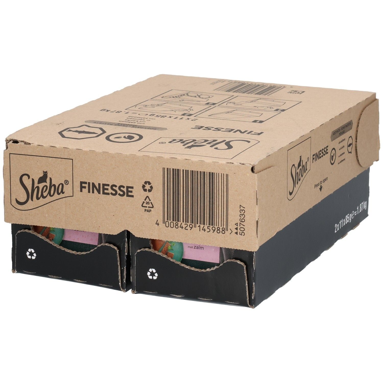 Carton de Sheba Finesse mousse de saumon. 2x11x85g. Poids total 1,87 kg. Avec code-barres.