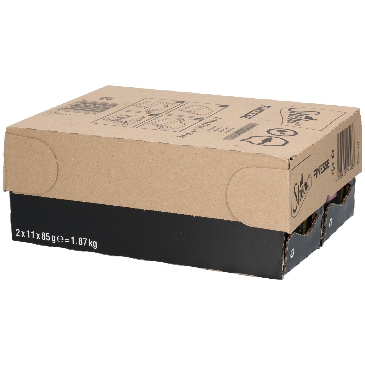Carton de Sheba Finesse mousse de saumon. 2x11x85g. Poids total 1,87 kg. Emballage marron et noir.