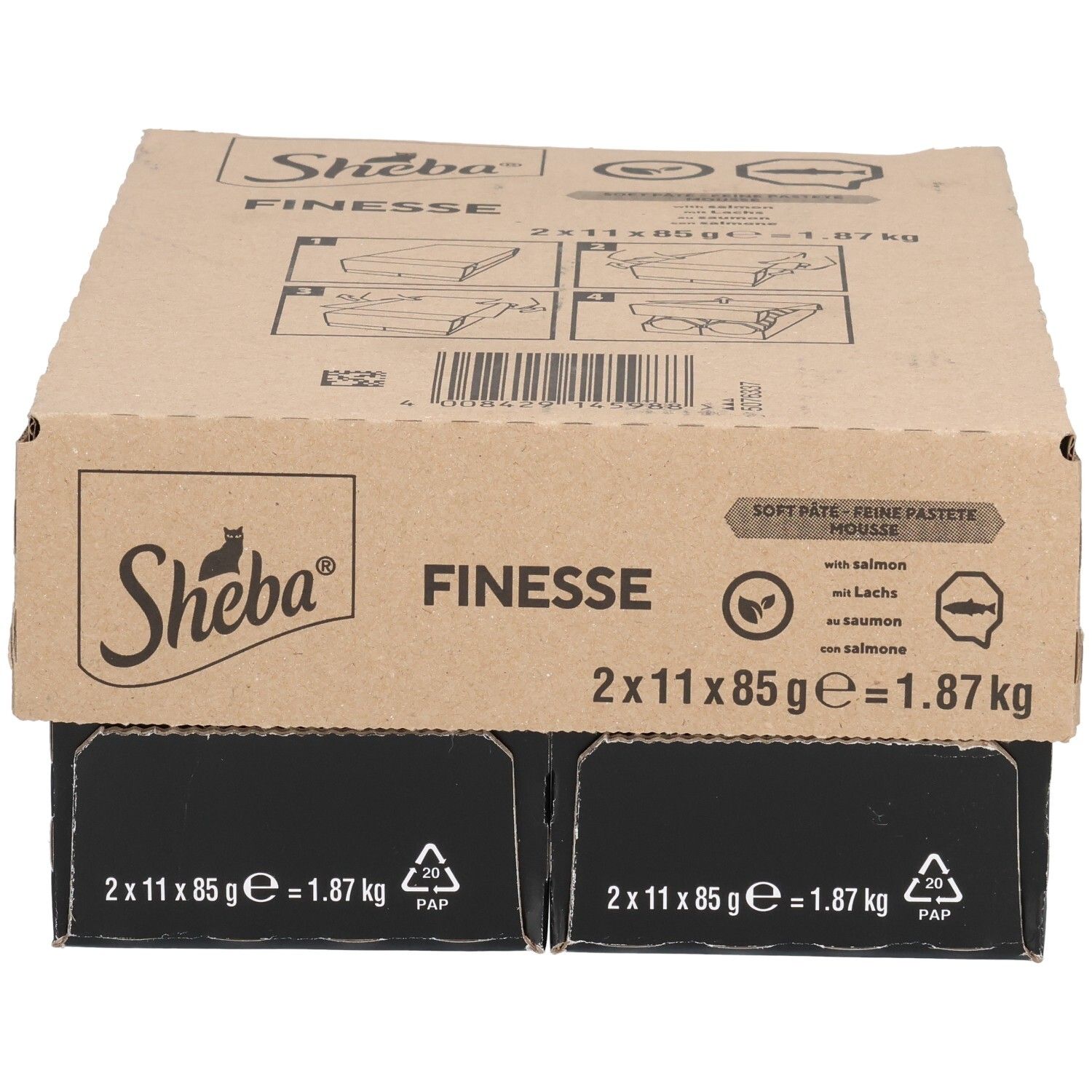 Carton de Sheba Finesse mousse de saumon. 2x11x85g. Poids total 1,87 kg. Emballage marron et noir.