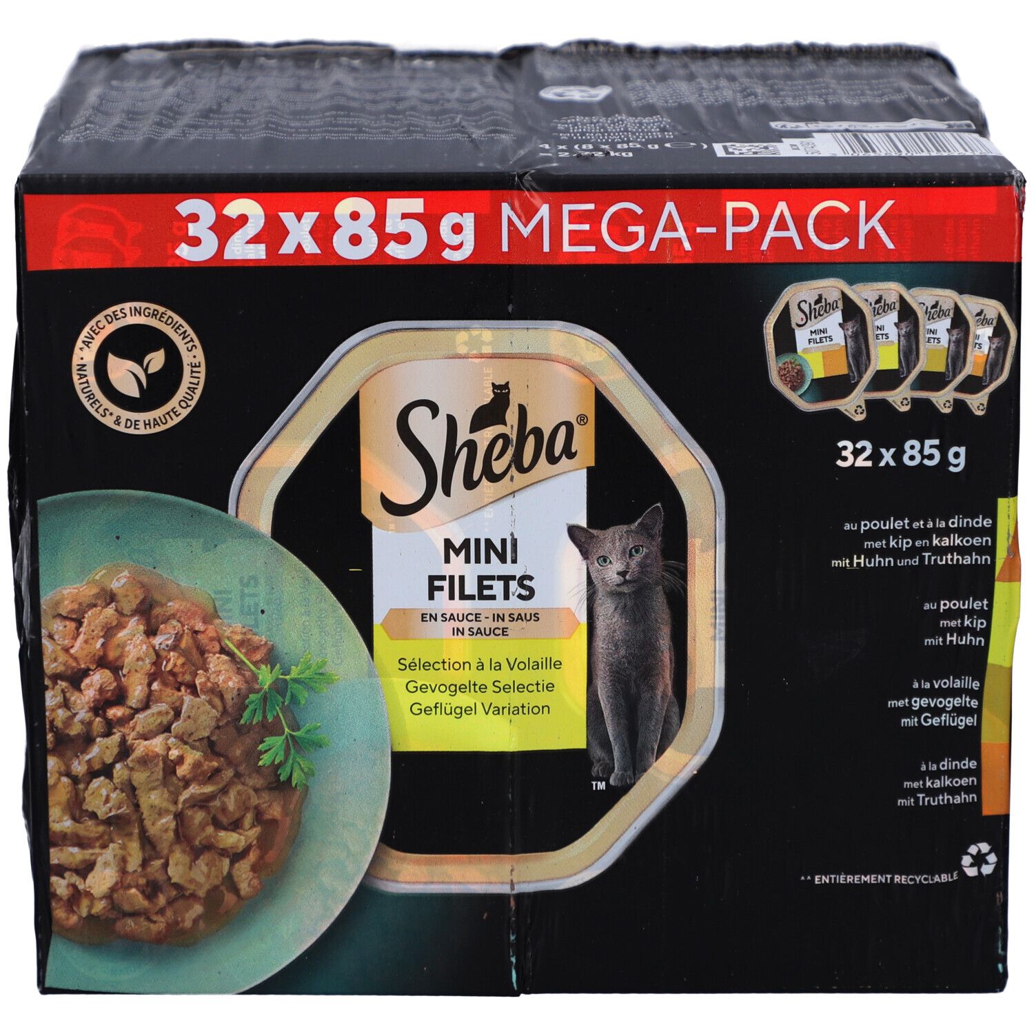 Schwarzer Karton mit 32 Beuteln Katzenfutter. Aufdruck: Sheba Mini Filets, Katze, 32x85g Mega-Pack.