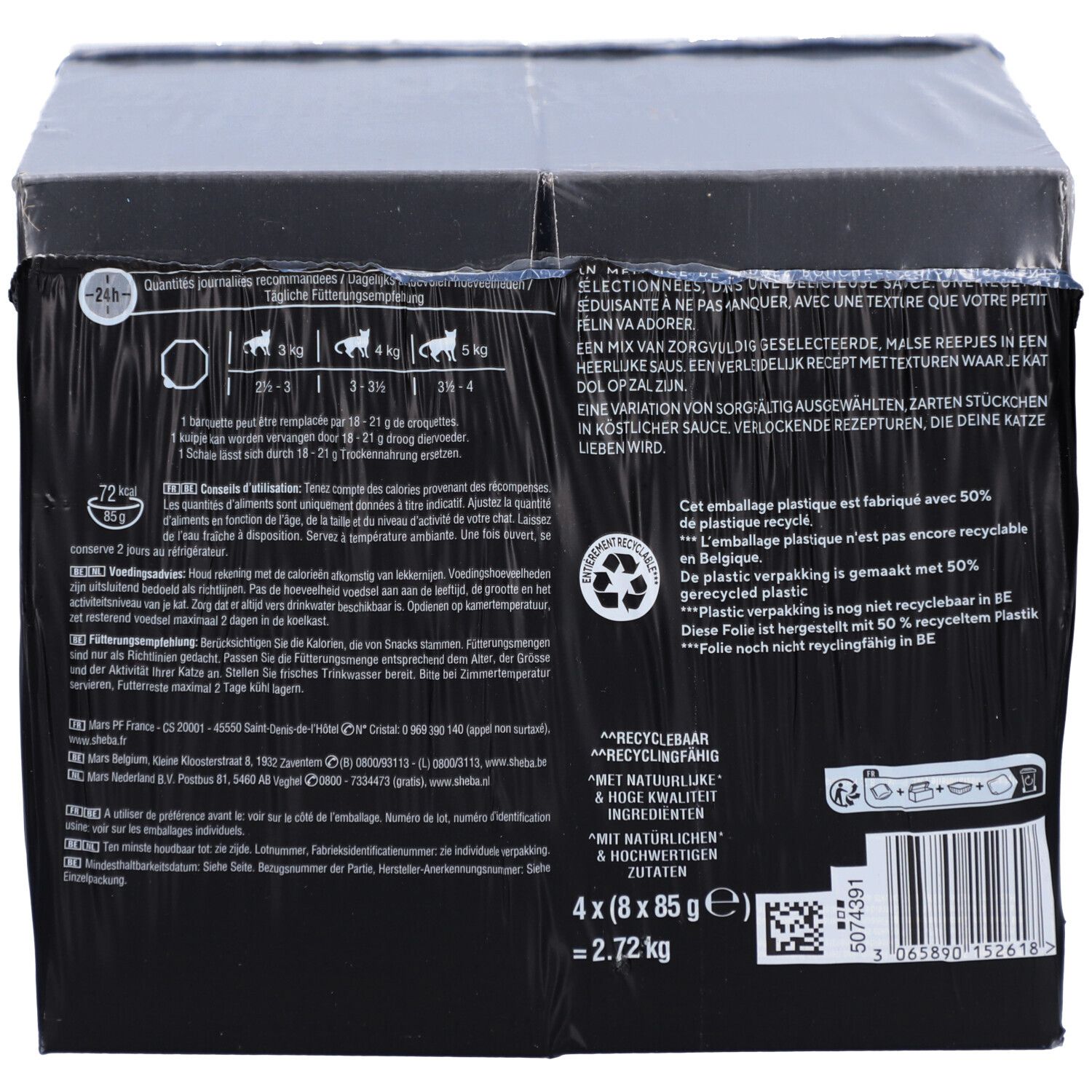 Rückseite der schwarzen Kartonverpackung mit Text und Recycling-Symbolen. Enthält 4x85g Beutel.