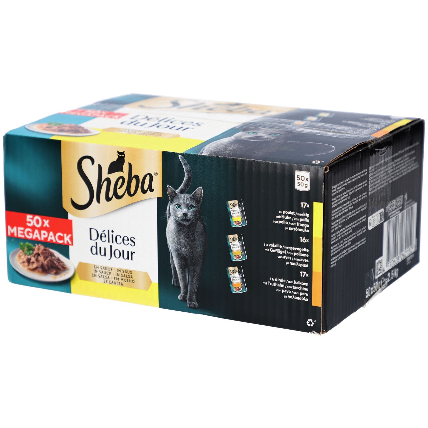 Karton Sheba Delices du Jour, 50er Megapack. Katze auf der Verpackung. Text: En sauce, in salsa, em molho, saus.
