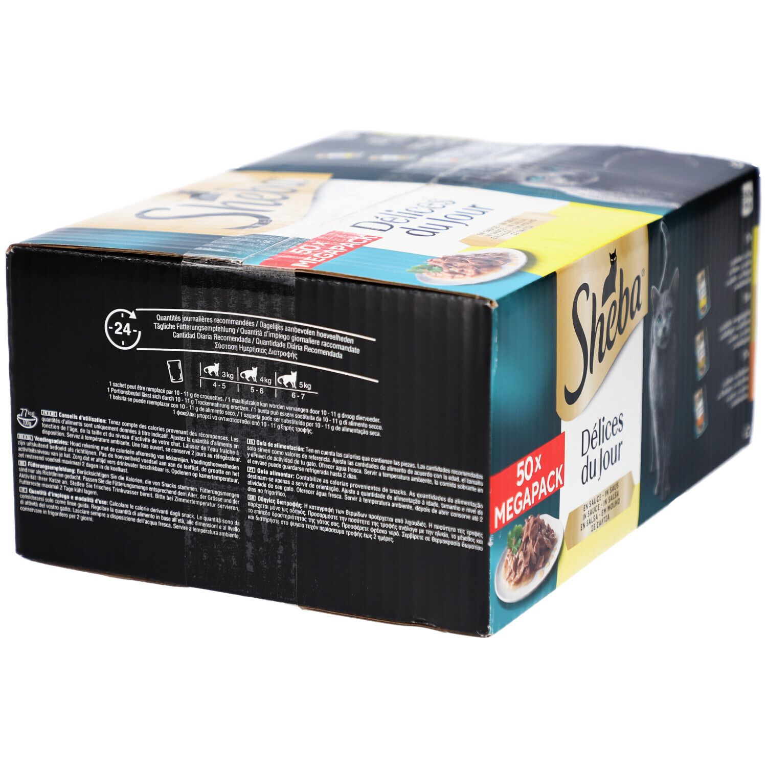 Rückseite der Sheba Delices du Jour Verpackung. Text: 50x Megapack, Informationen zu Inhaltsstoffen und Nährwerten.