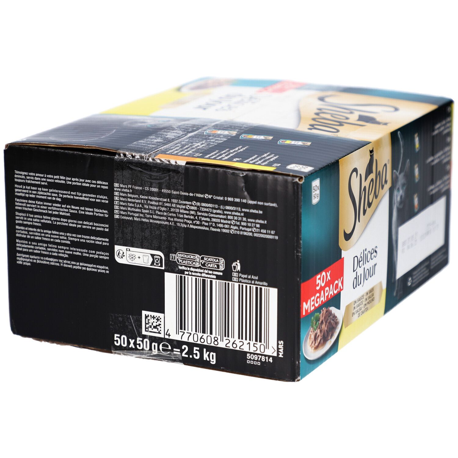 Rückseite der Sheba Delices du Jour Verpackung. Text: 50x50g, 2.5 kg. Barcode und weitere Informationen.