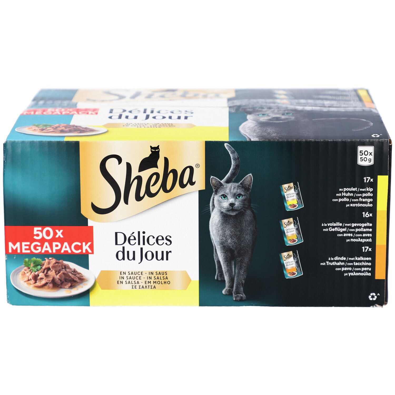 Sheba Delices du Jour, 50er Megapack. Katze auf der Verpackung. Text: En sauce, in salsa, em molho, saus. 17x, 16x, 17x.