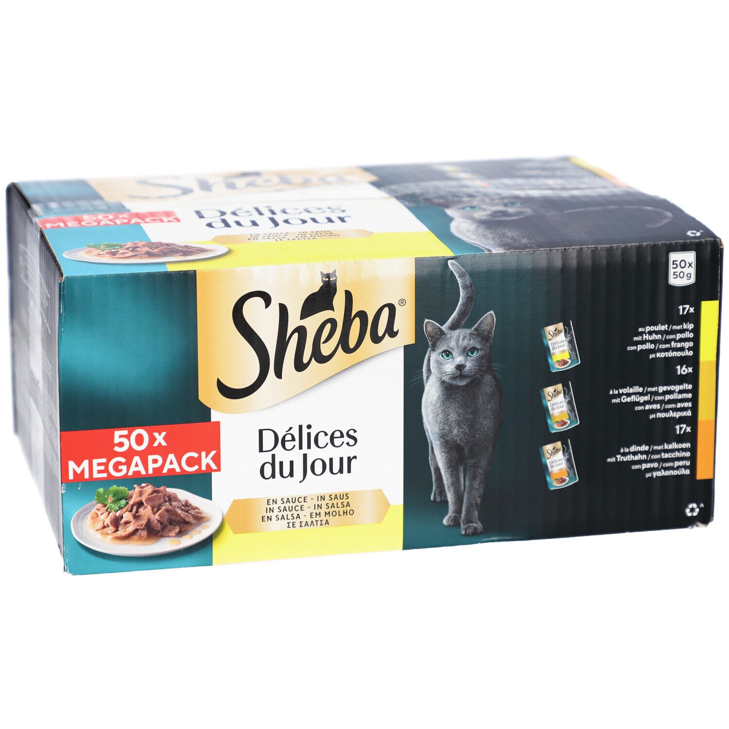 Sheba Delices du Jour, 50er Megapack. Katze auf der Verpackung. Text: En sauce, in salsa, em molho, saus. 17x, 16x, 17x.