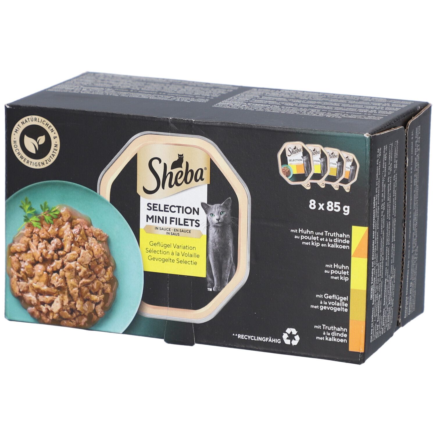 Karton mit Sheba Selection Mini Filets. 8 x 85g. Aufdruck mit Produktbild und Text. Recycling-Symbol.