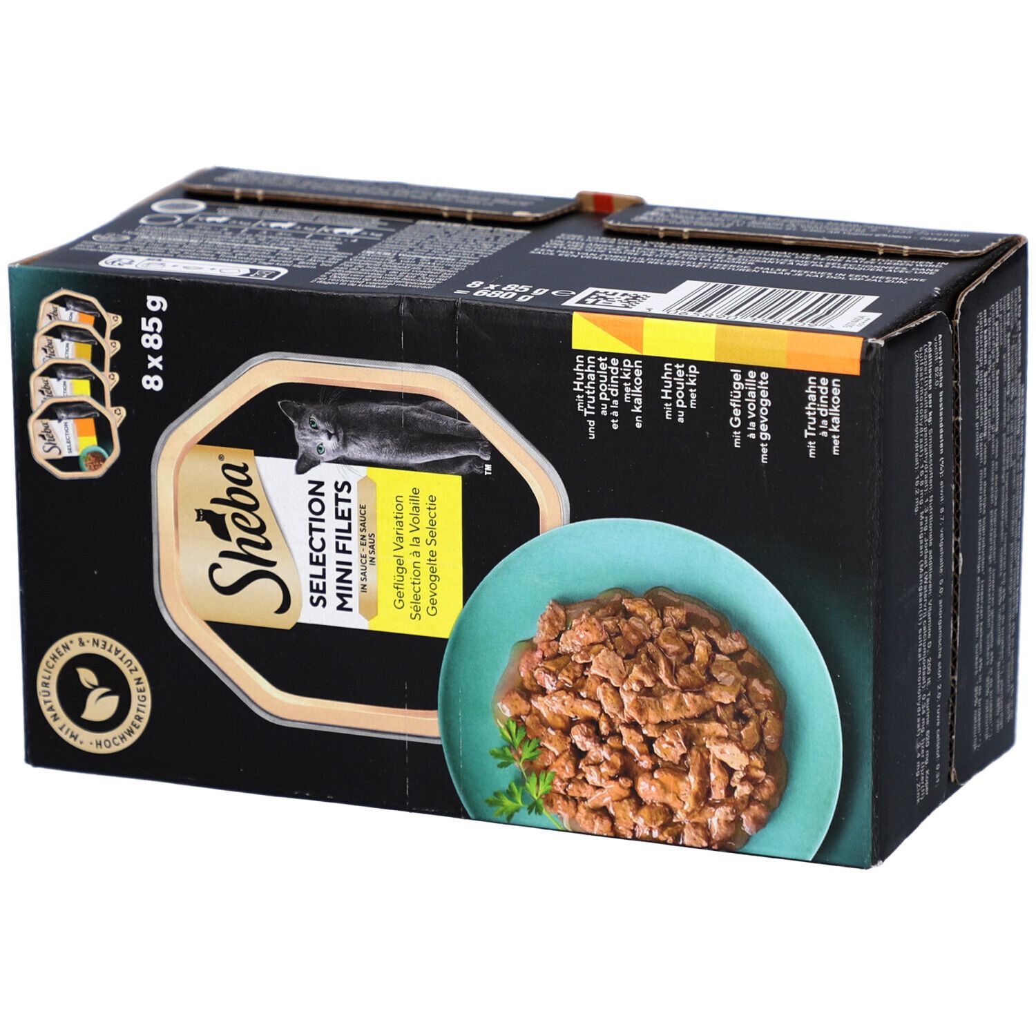 Karton mit Sheba Selection Mini Filets. 8 x 85g. Produktbild und Text. Recycling-Symbol.