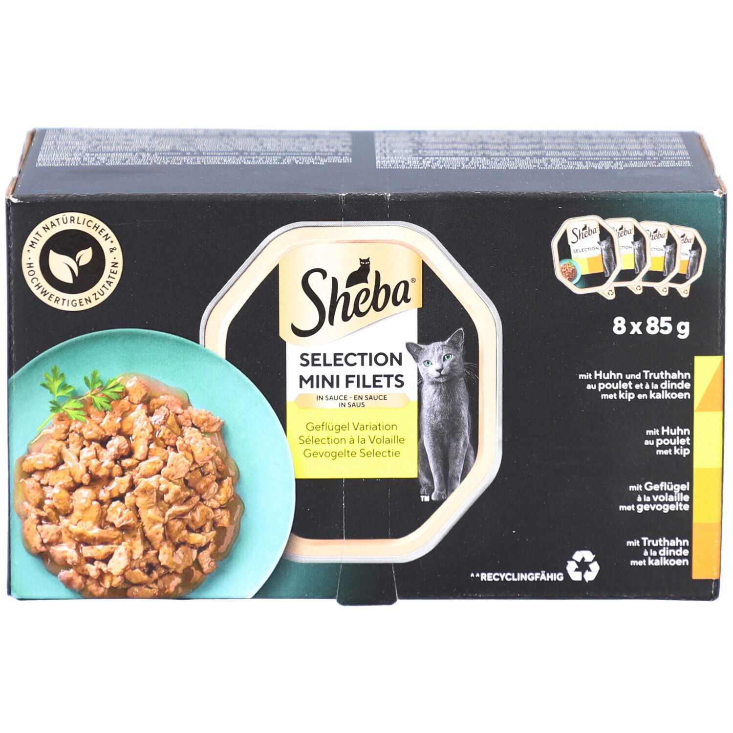 Karton mit Sheba Selection Mini Filets. 8 x 85g. Produktbild und Text. Recycling-Symbol.
