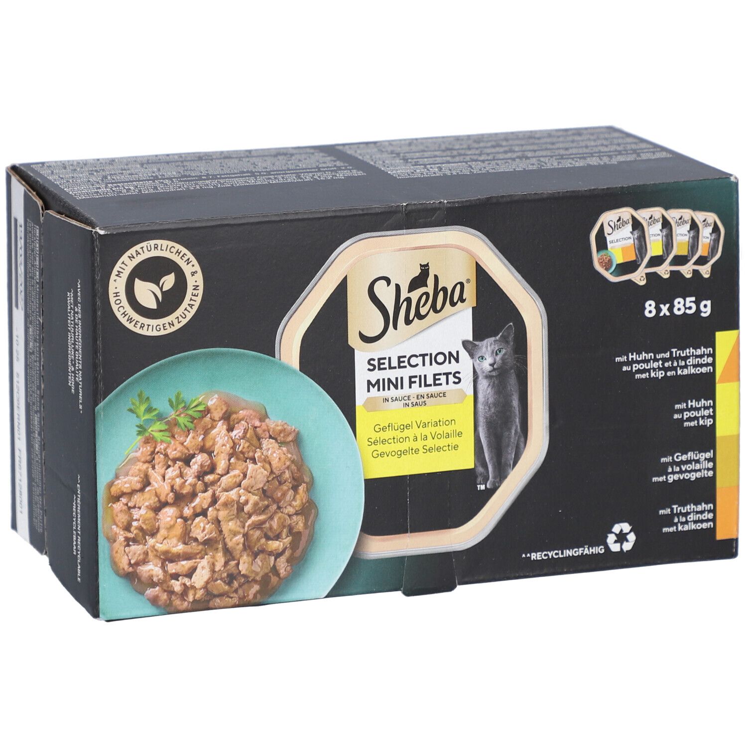 Karton mit Sheba Selection Mini Filets. 8 x 85g. Produktbild und Text. Recycling-Symbol.