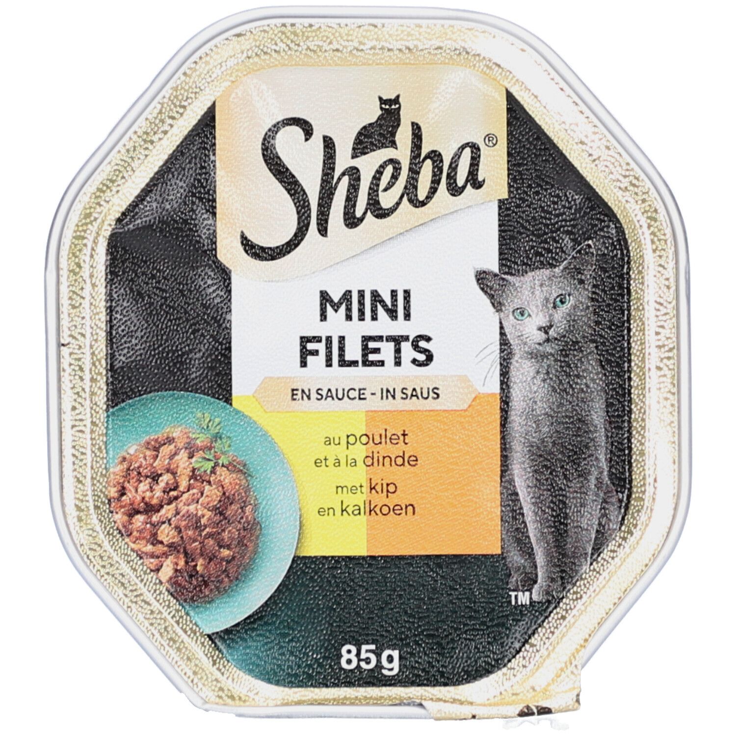 Verpackung mit Sheba Mini Filets. Aufschrift: Mini Filets in Sauce. Abbildung einer Katze und Futter.
