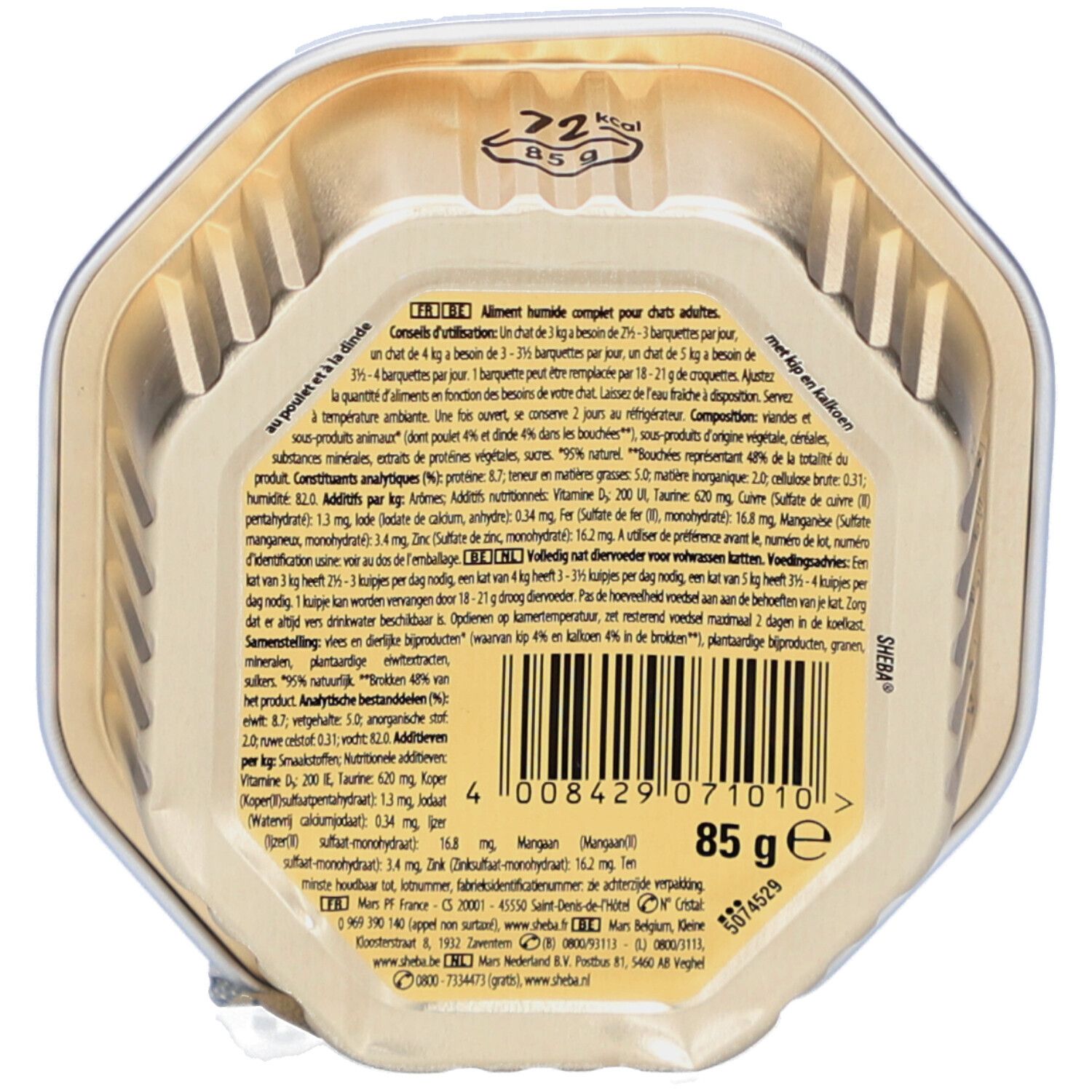 Rückseite der Sheba Mini Filets Verpackung. Text mit Nährwertangaben und Inhaltsstoffen. 85g.