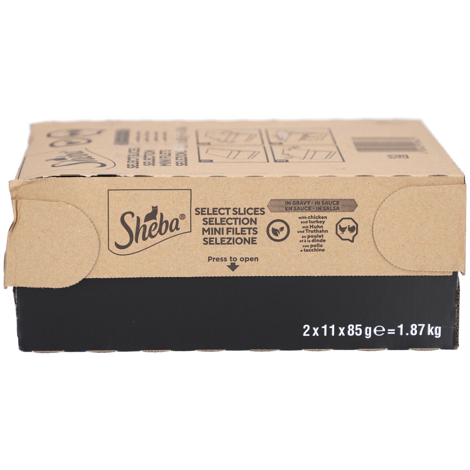Kartonverpackung mit Sheba Mini Filets. Aufschrift: Select Slices Mini Filets. 2x11x85g.