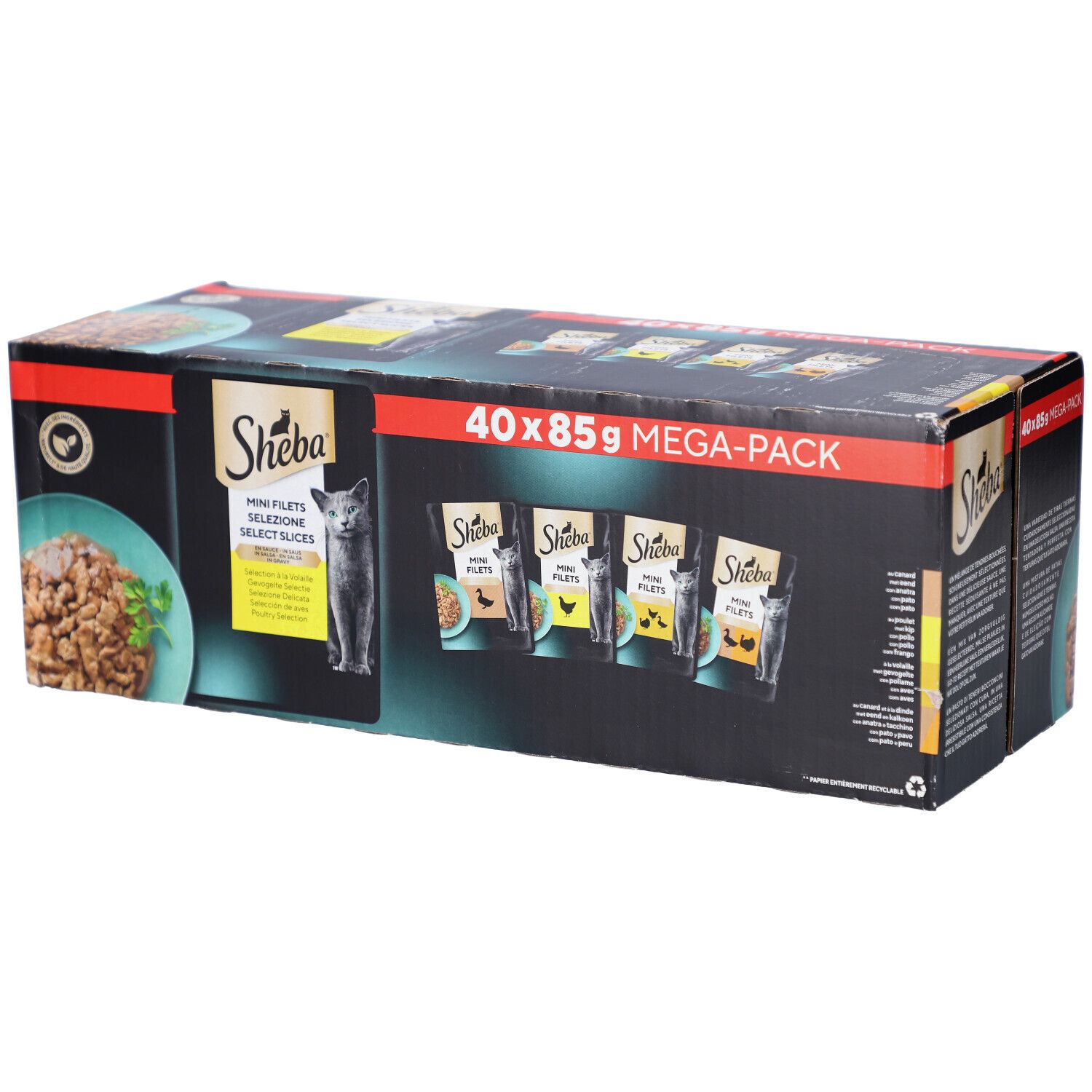 Karton SHEBA M FIL PCH SS GEV SEL MP. 40 x 85g MEGA-PACK. Abbildung von Produkt und Katze.