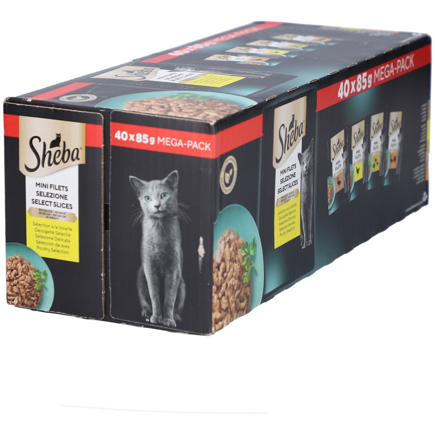 Karton SHEBA M FIL PCH SS GEV SEL MP. 40 x 85g MEGA-PACK. Produktabbildung und Katze.