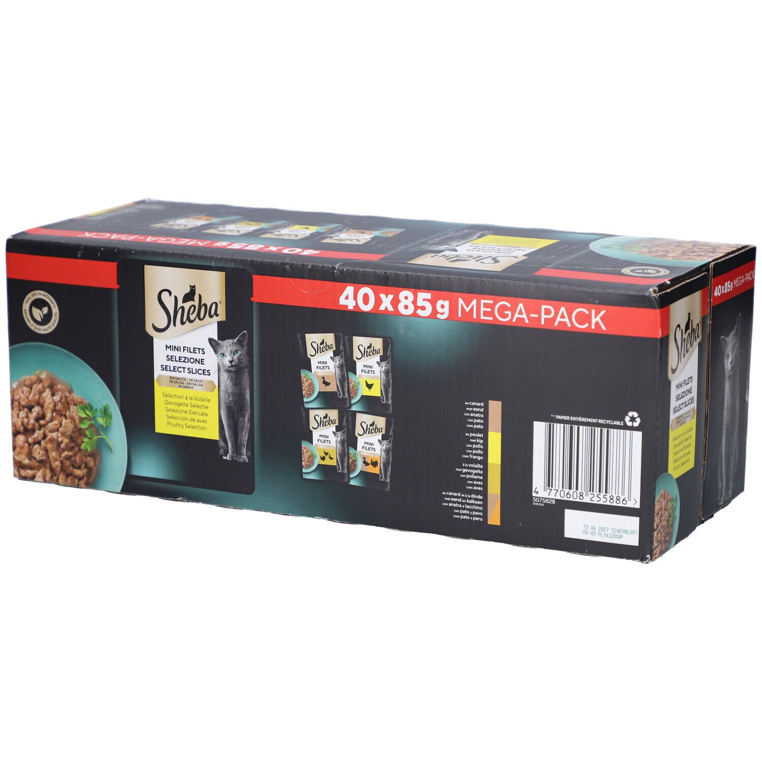 Karton SHEBA M FIL PCH SS GEV SEL MP. 40 x 85g MEGA-PACK. Produktabbildung und Katze.