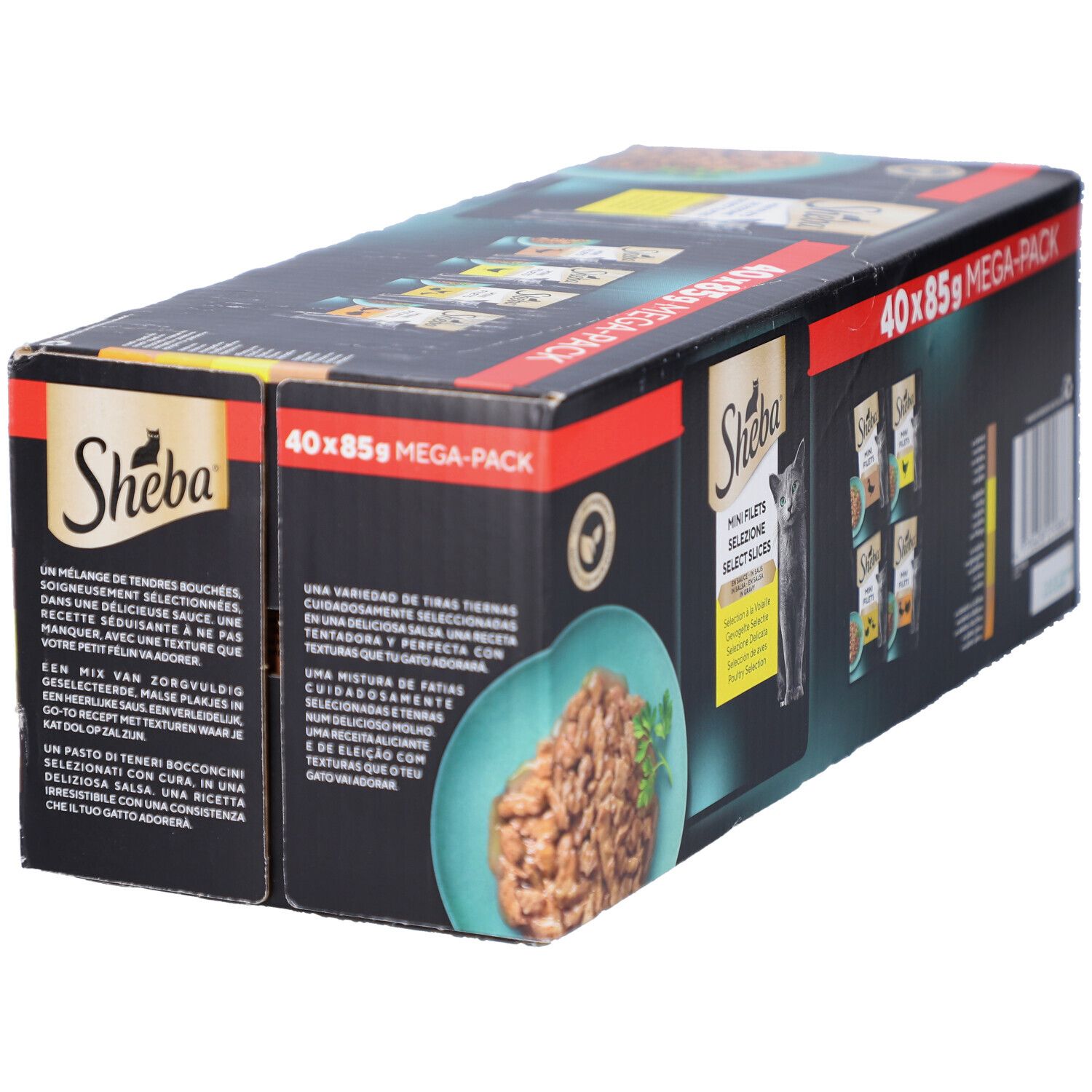 Karton SHEBA M FIL PCH SS GEV SEL MP. 40 x 85g MEGA-PACK. Produktabbildung und Katze.