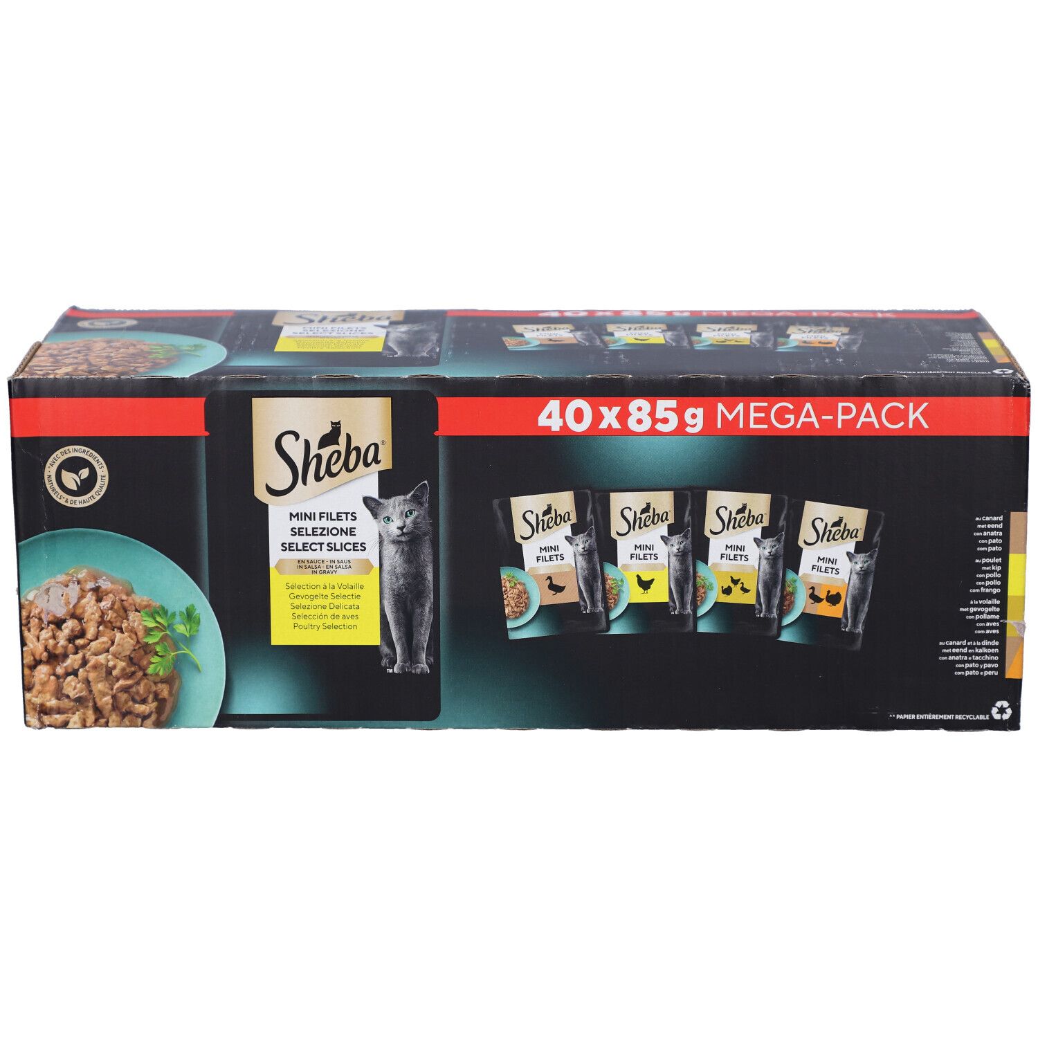 Karton SHEBA M FIL PCH SS GEV SEL MP. 40 x 85g MEGA-PACK. Produktabbildung und Katze.