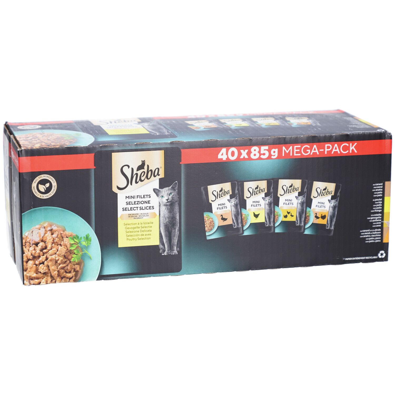 Karton SHEBA M FIL PCH SS GEV SEL MP. 40 x 85g MEGA-PACK. Produktabbildung und Katze.