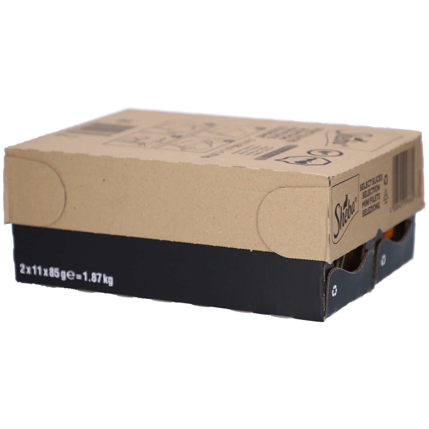 Emballage en carton Sheba. Inscription: Select Slices Mini Filets. 2x11x85g = 1.87 kg.