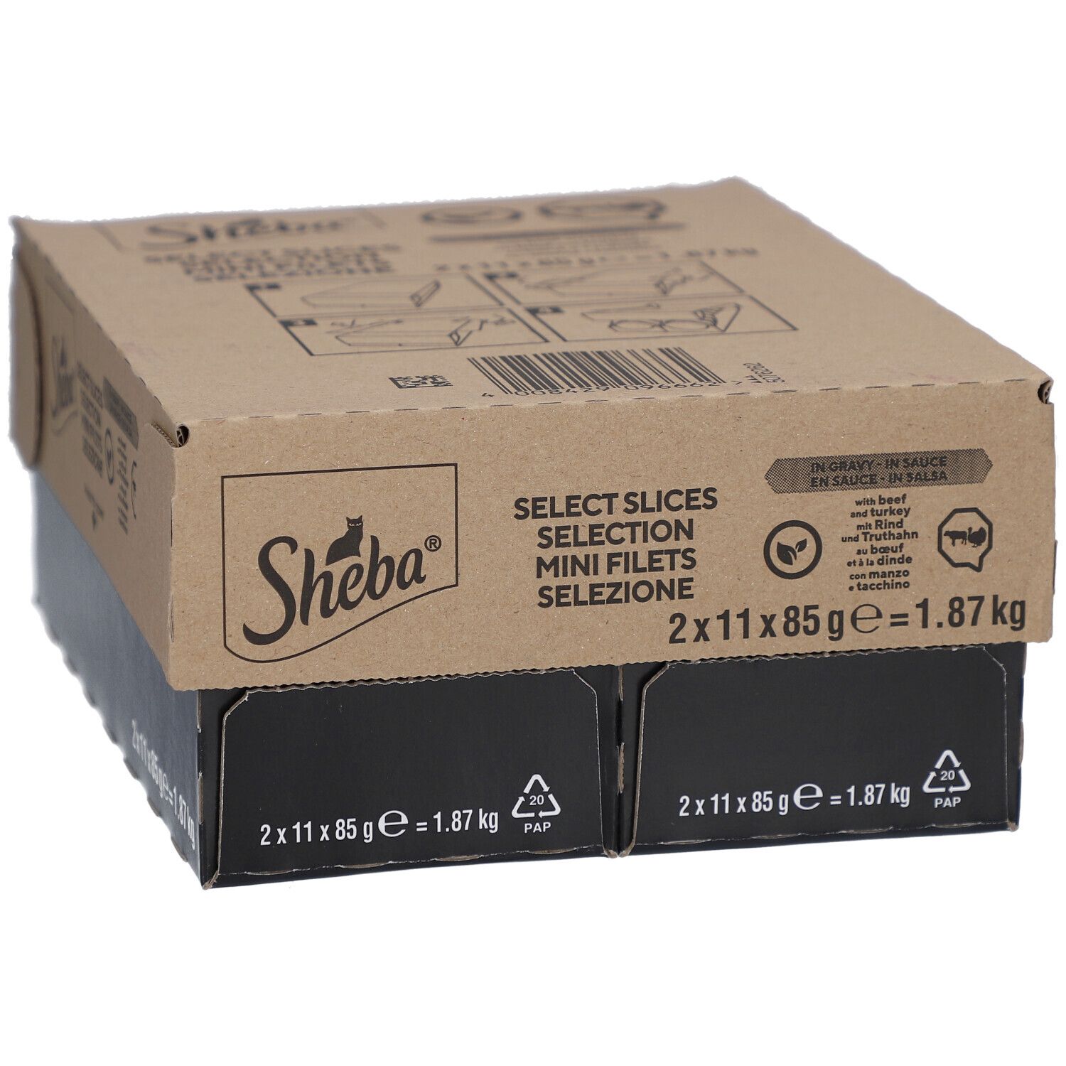 Emballage en carton Sheba. Inscription: Select Slices Mini Filets. 2x11x85g = 1.87 kg.