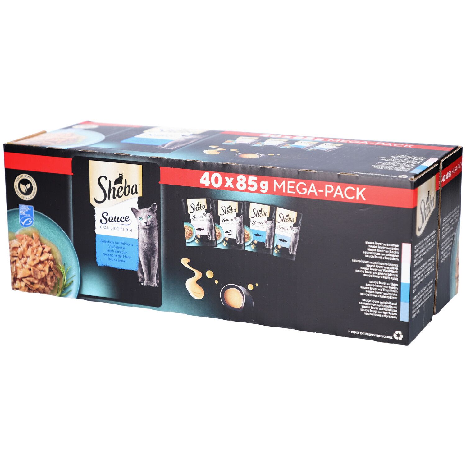 Große Packung Sheba Sauce Collection. Enthält 40 x 85g Beutel. Schwarze Verpackung mit Produktabbildung und Logo.