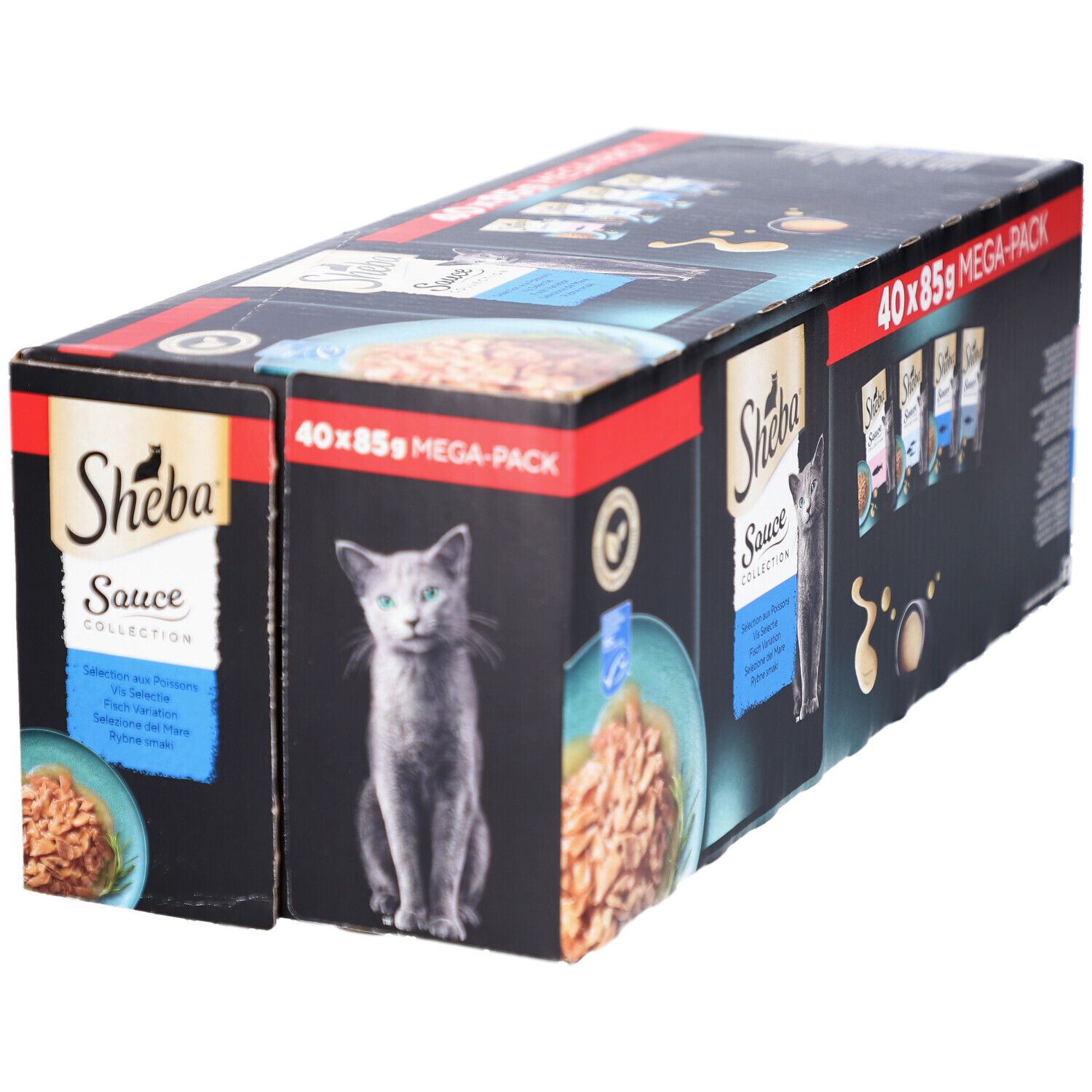 Große Packung Sheba Sauce Collection. Enthält 40 x 85g Beutel. Schwarze Verpackung mit Produktabbildung und Logo.