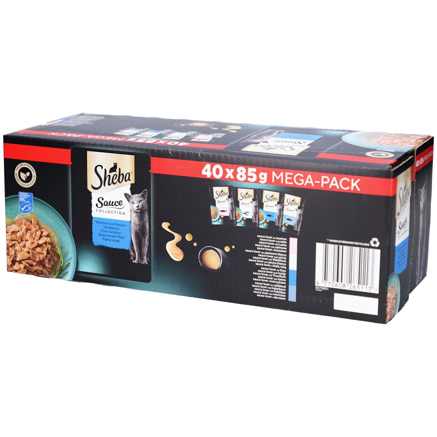Große Packung Sheba Sauce Collection. Enthält 40 x 85g Beutel. Schwarze Verpackung mit Produktabbildung und Logo.
