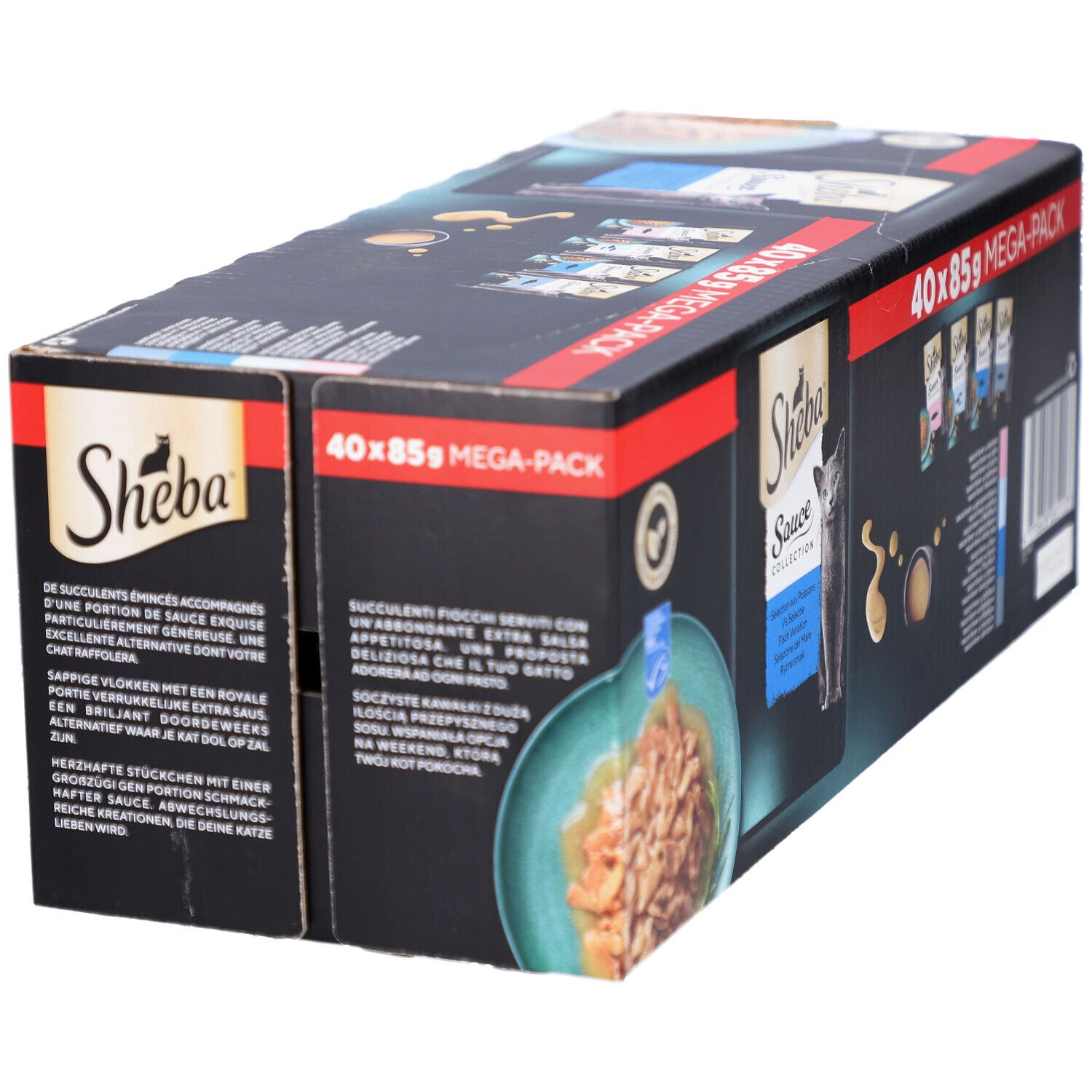 Große Packung Sheba Sauce Collection. Enthält 40 x 85g Beutel. Schwarze Verpackung mit Produktabbildung und Logo.