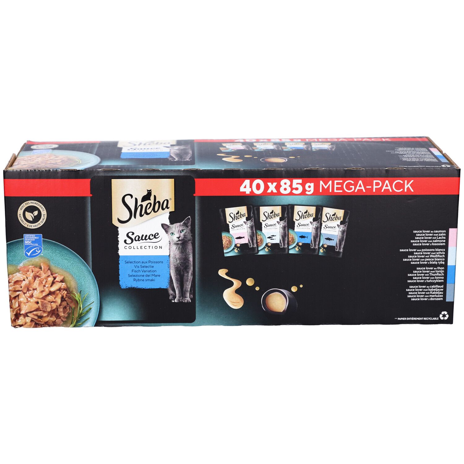 Große Packung Sheba Sauce Collection. Enthält 40 x 85g Beutel. Schwarze Verpackung mit Produktabbildung und Logo.