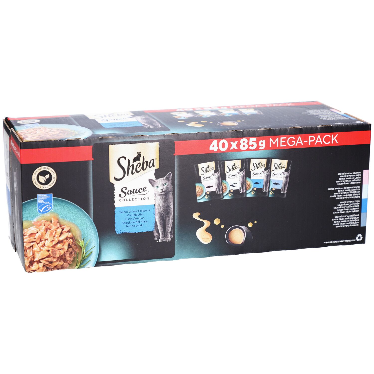 Große Packung Sheba Sauce Collection. Enthält 40 x 85g Beutel. Schwarze Verpackung mit Produktabbildung und Logo.