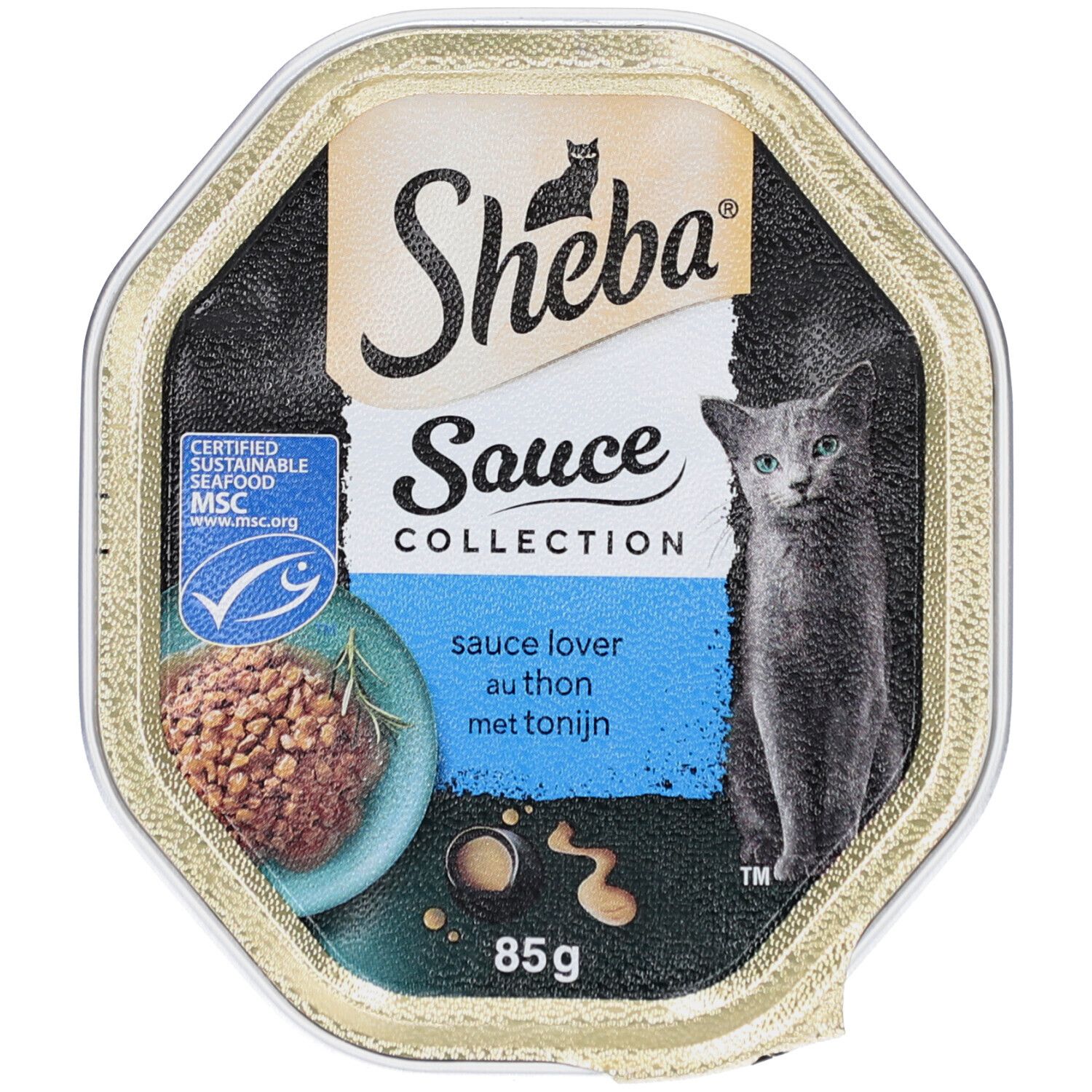 Geöffnete Schale mit Katzenfutter. Aufdruck: Sheba Sauce Collection, Sauce Lover, Tonijn. MSC-Zertifizierung. 85g.