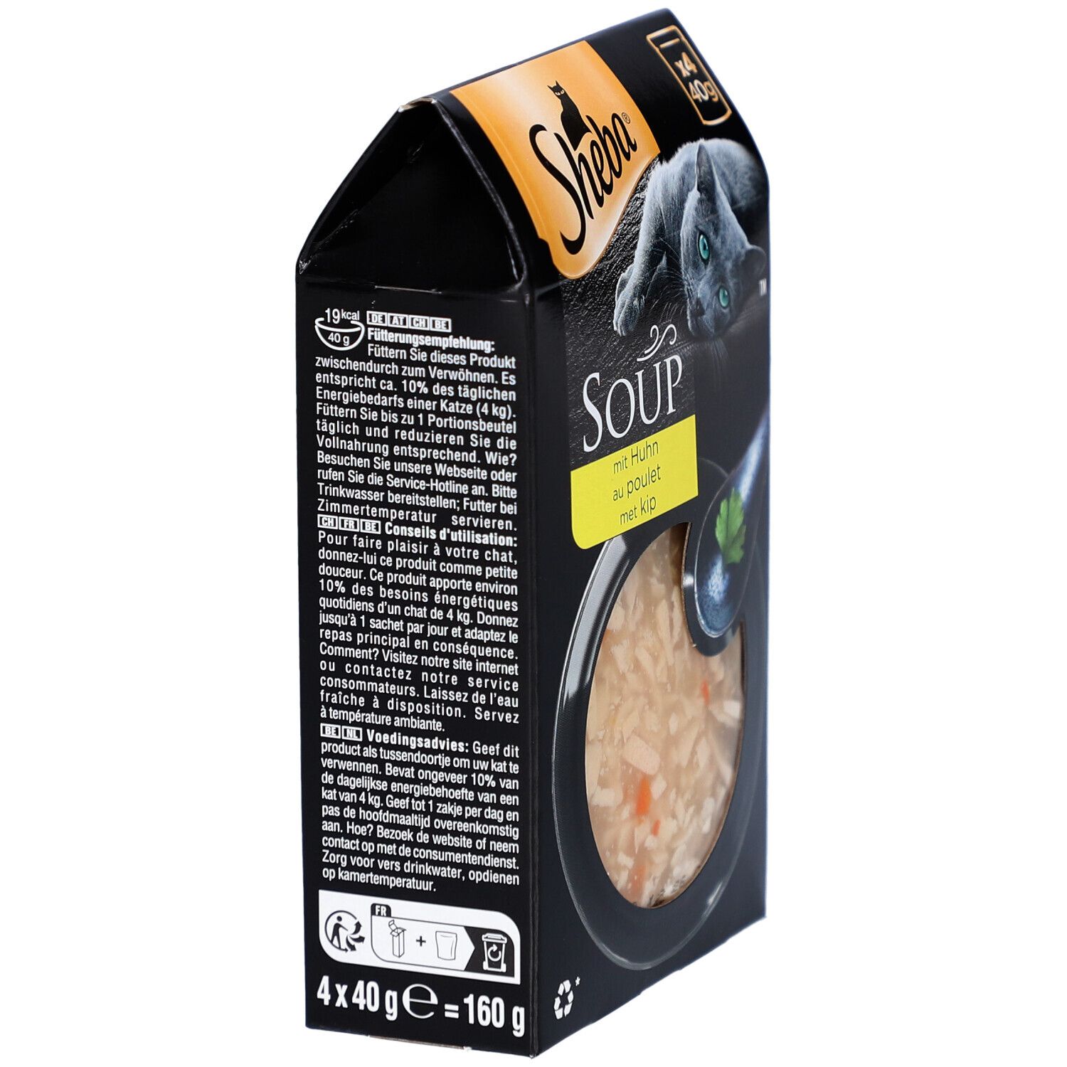 Sheba SOUP, 4x40g. Schwarze Verpackung, Seitenansicht. Text: SOUP, mit Huhn, au poulet, met kip. Enthält Informationen zur Fütterung.