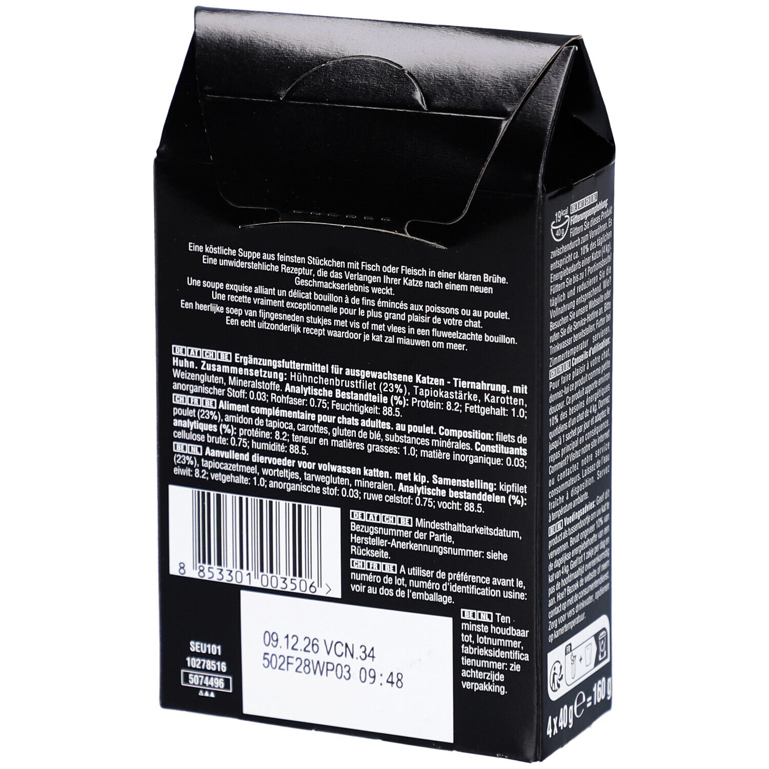 Rückseite der Sheba SOUP Verpackung. Text: Zutaten, Analyse, Fütterungsempfehlung. MHD: 09.12.26 VCN 34.