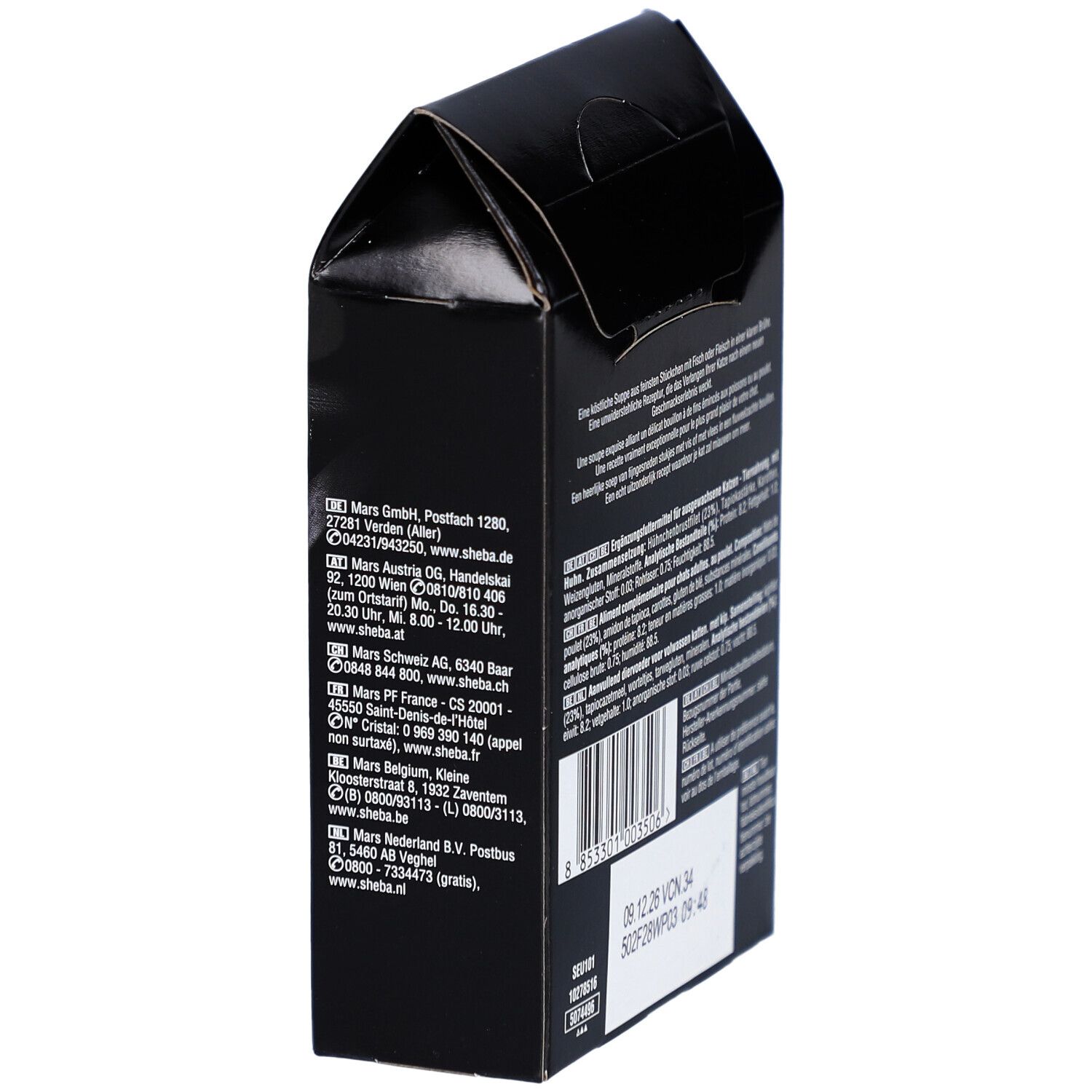 Rückseite der Sheba SOUP Verpackung. Adressen von Mars GmbH, Mars Schweiz AG, Mars France, Mars Nederland B.V.
