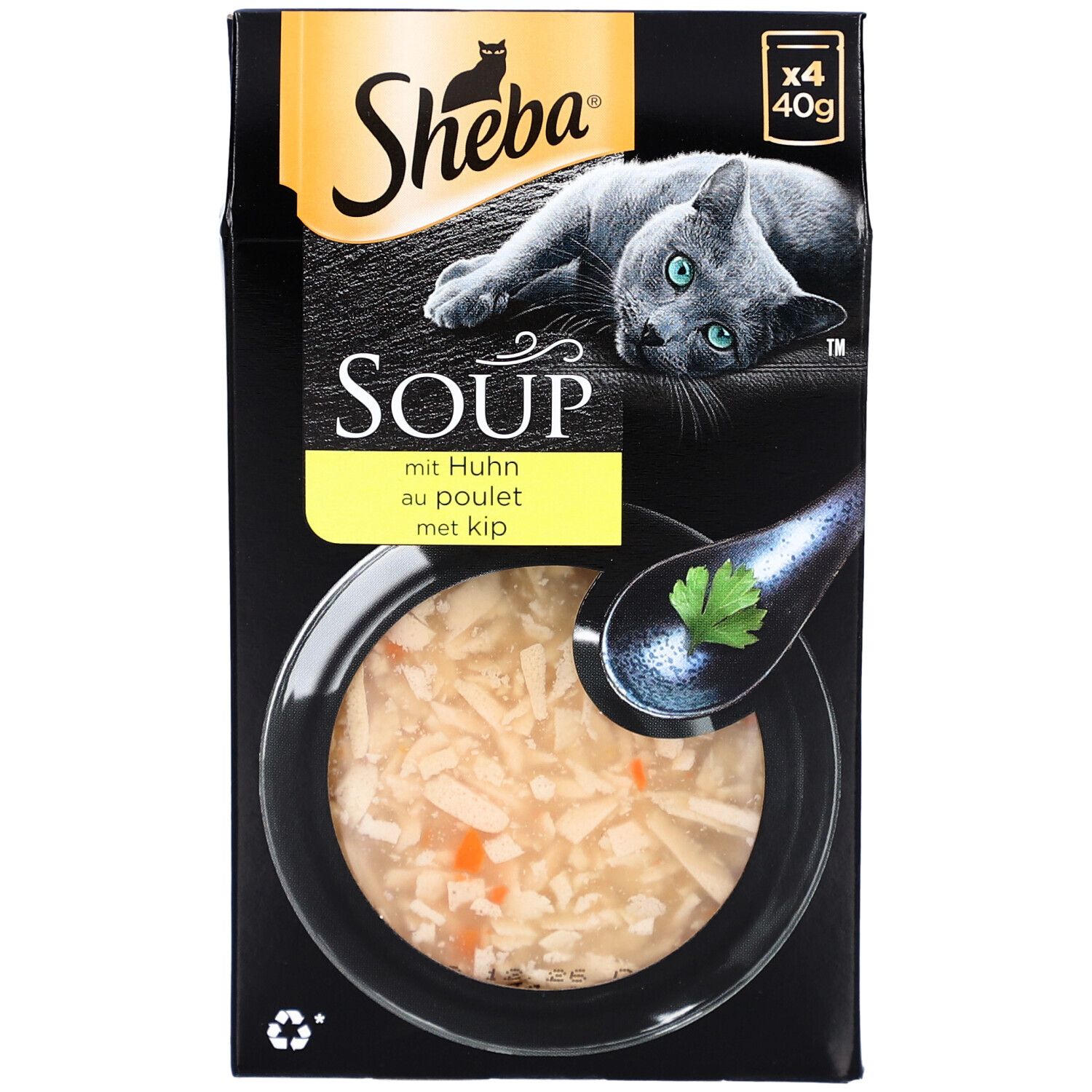 Sheba SOUP mit Huhn, 4x40g. Schwarze Verpackung mit Katzenabbildung und Produktbild. Text: SOUP, mit Huhn, au poulet, met kip.