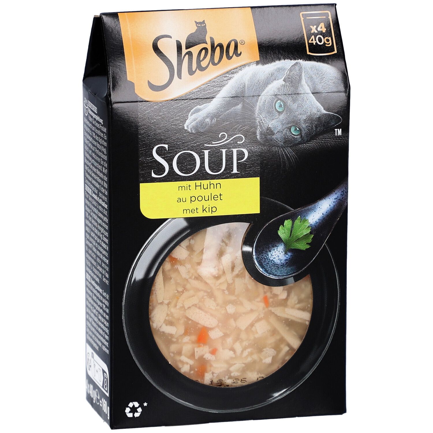 Sheba SOUP mit Huhn, 4x40g. Schwarze Verpackung mit Katzenabbildung und Produktbild. Text: SOUP, mit Huhn, au poulet, met kip.