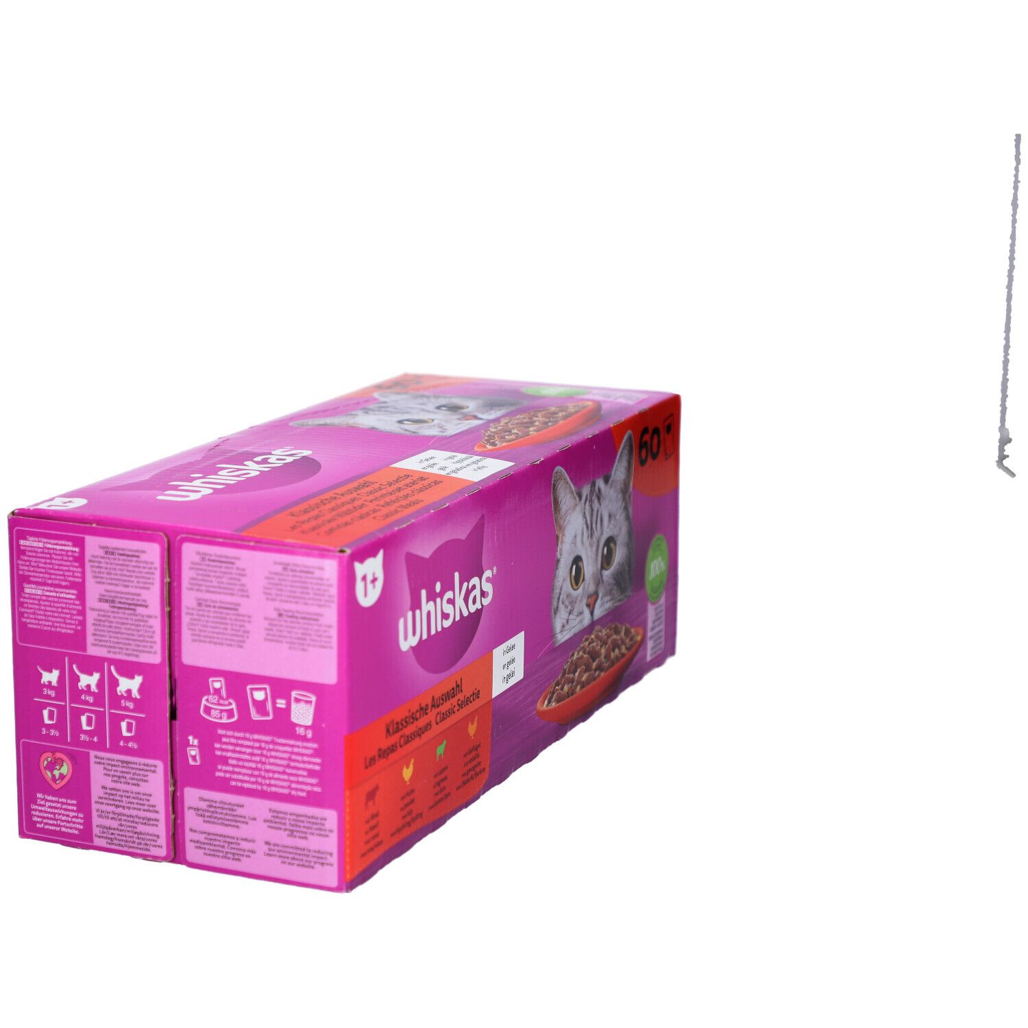 Rosa Whiskas-Box mit Katze und Futter. Aufschrift 'Klassische Auswahl'. 60 Stück.