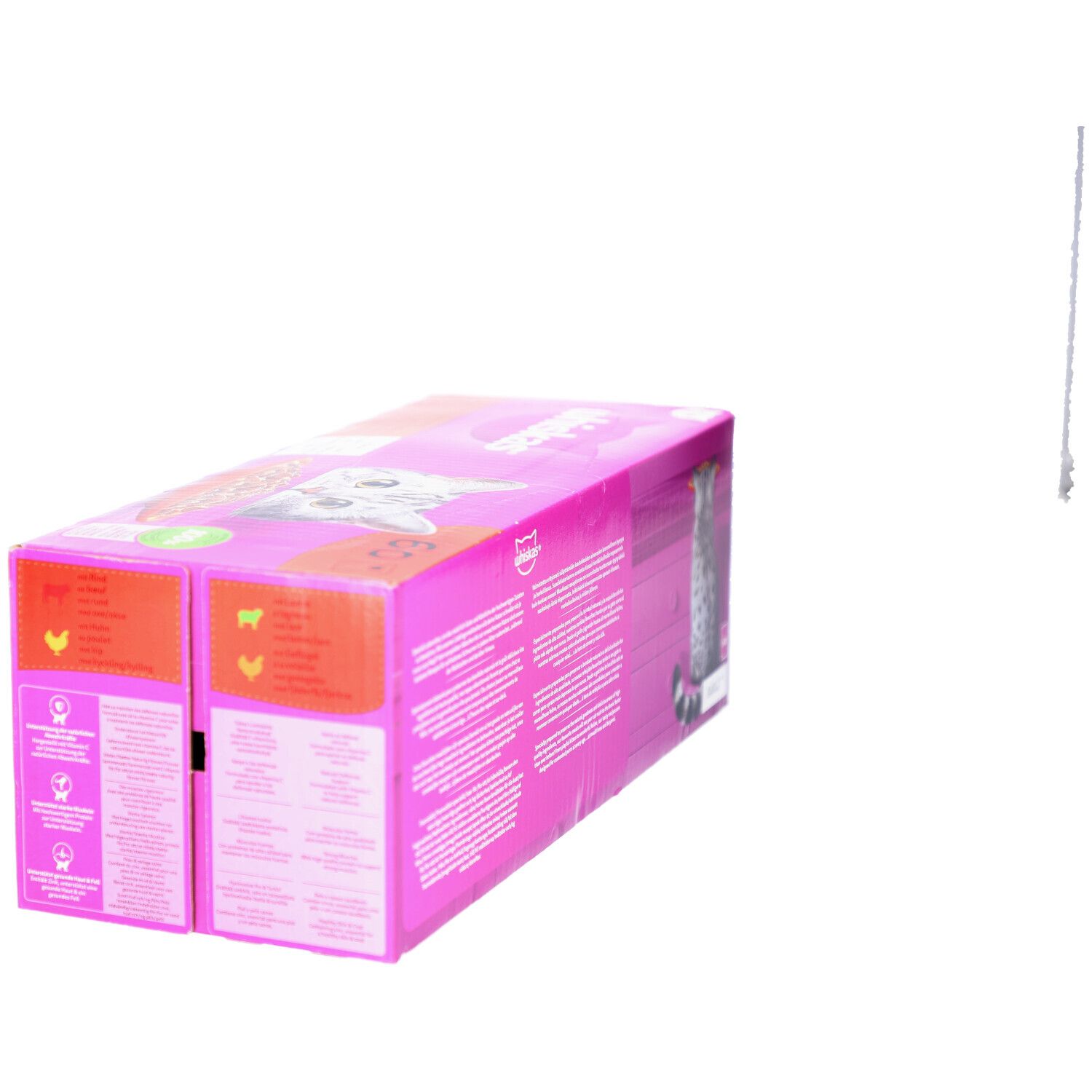 Rosa Whiskas-Box mit Produktinformationen und Symbolen. Ansicht von der Seite.