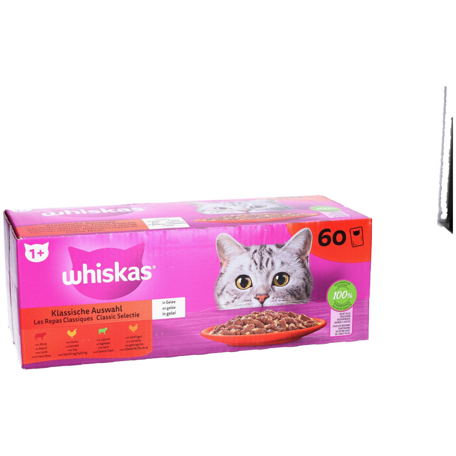 Rosa Whiskas-Box mit Katze und Futter. Aufschrift 'Klassische Auswahl'. 60 Stück.