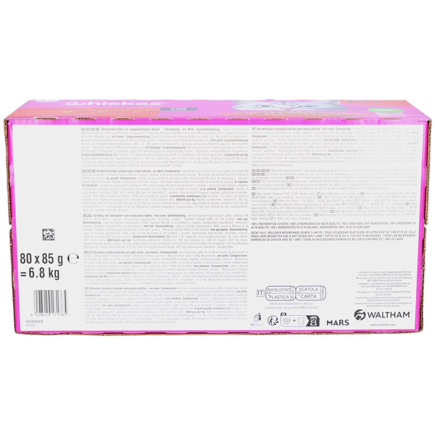 Rückseite der Whiskas 1+ Karton. Enthält Text und Informationen. Gewicht: 80x85g = 6.8kg. Mit Mars und Waltham Logo.
