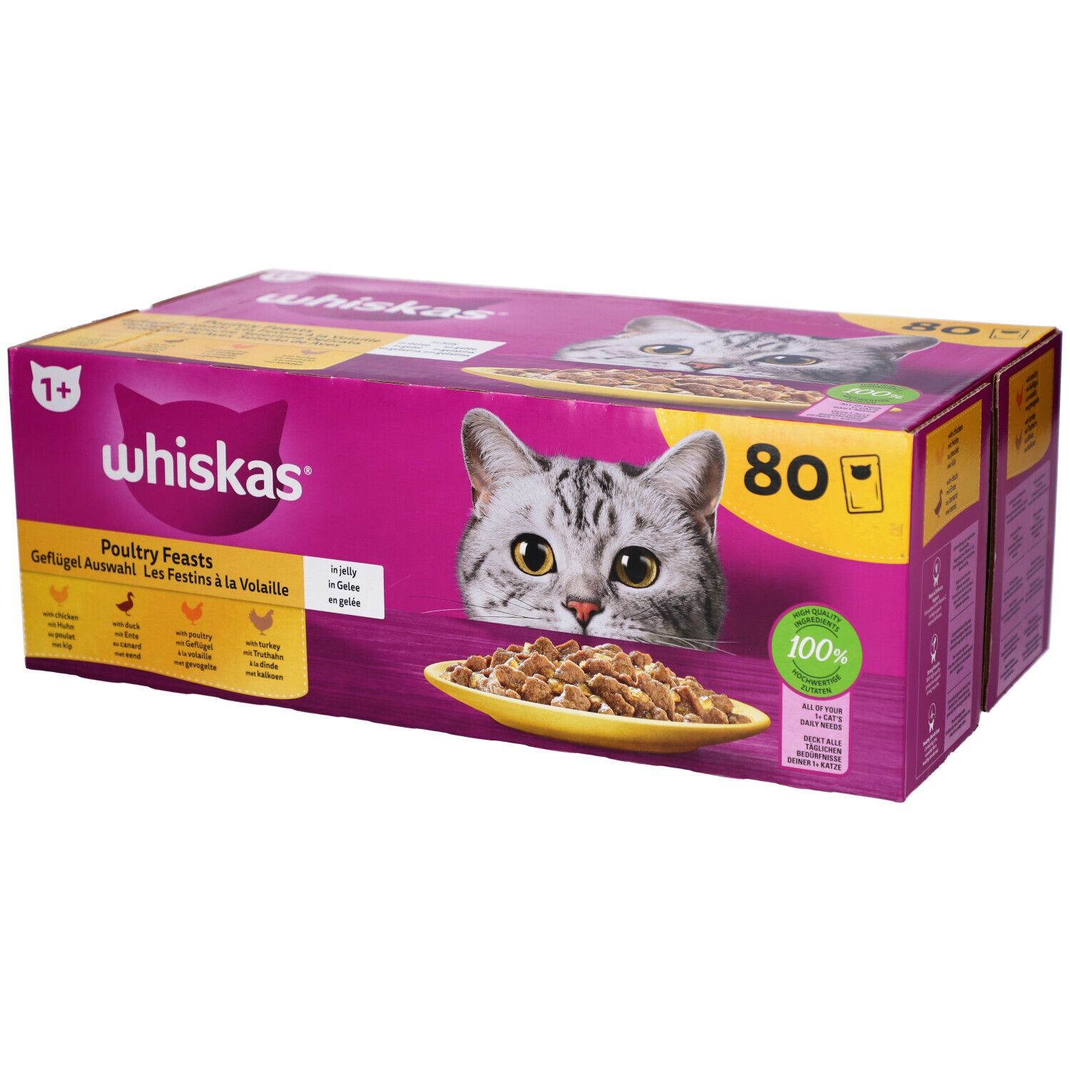 Rosa Karton mit Whiskas-Logo, Katze und Futter. Text: Poultry Feasts, 80 Beutel. 1+ Altersangabe. 100% Vollwertig.
