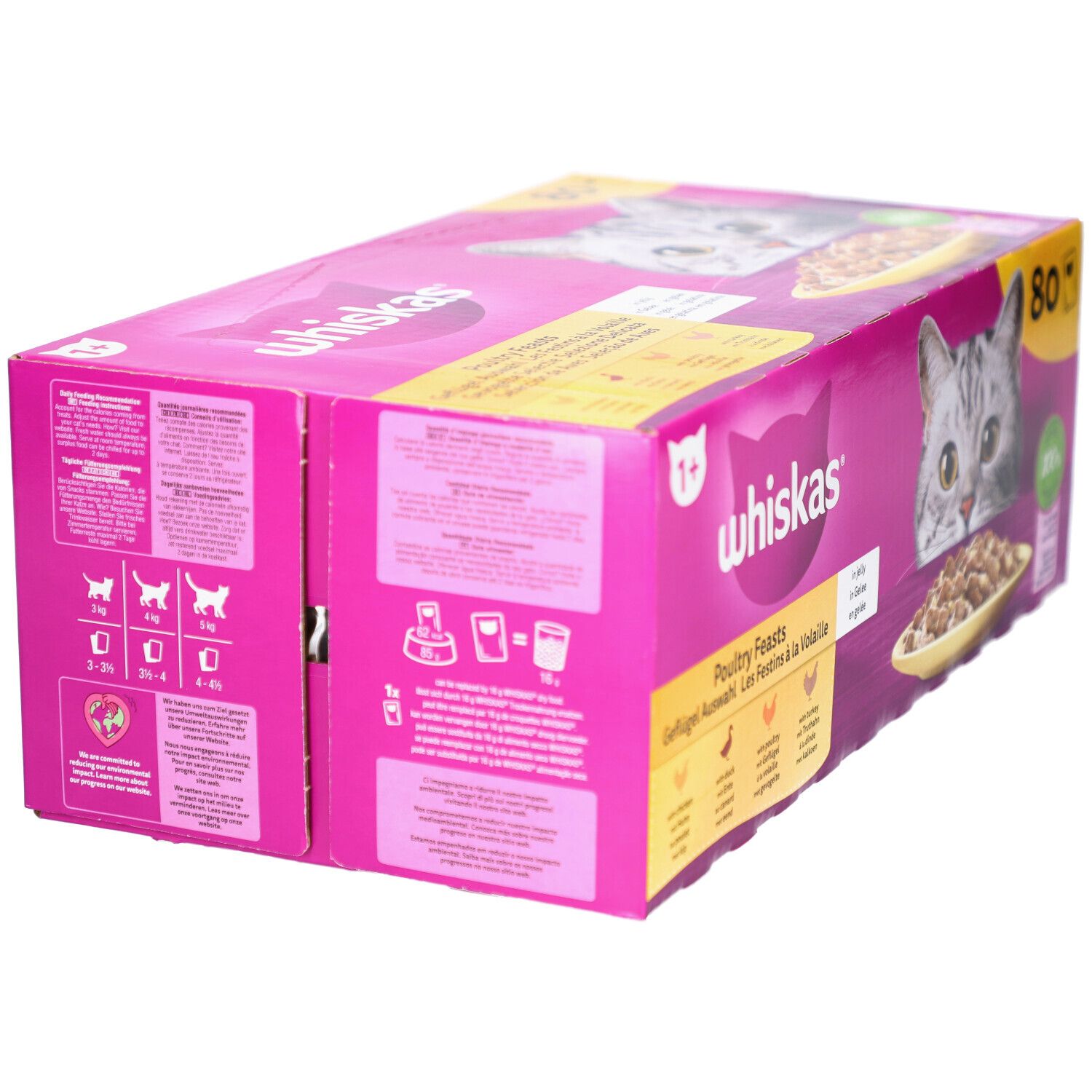 Rückseite der rosa Whiskas-Box. Text: Fütterungsempfehlung, Zutaten. Abbildungen von Katzen. Logo: Whiskas.