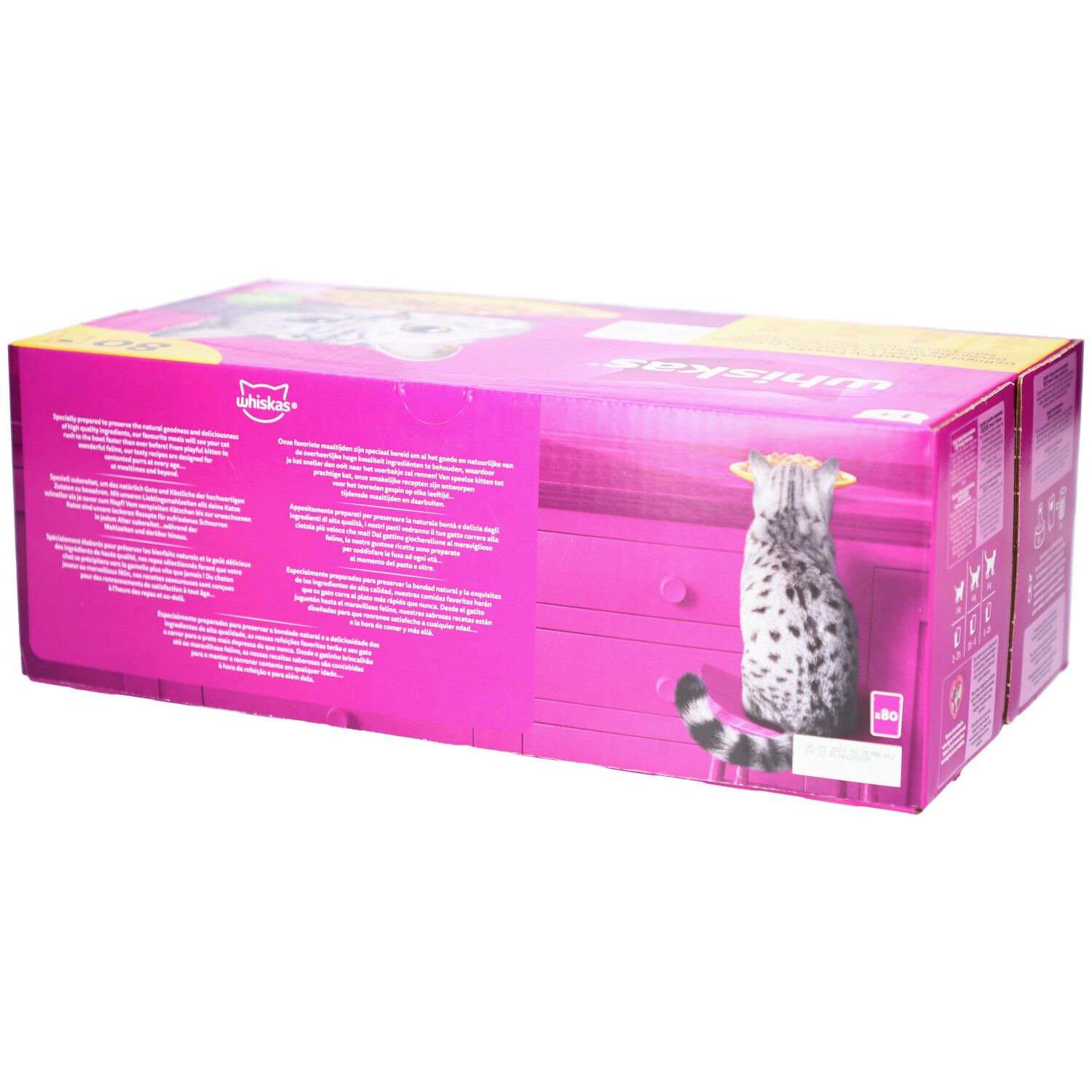 Rosa Whiskas-Box, Seitenansicht. Katze auf der Verpackung. Logo: Whiskas. Text: Poultry Feasts.