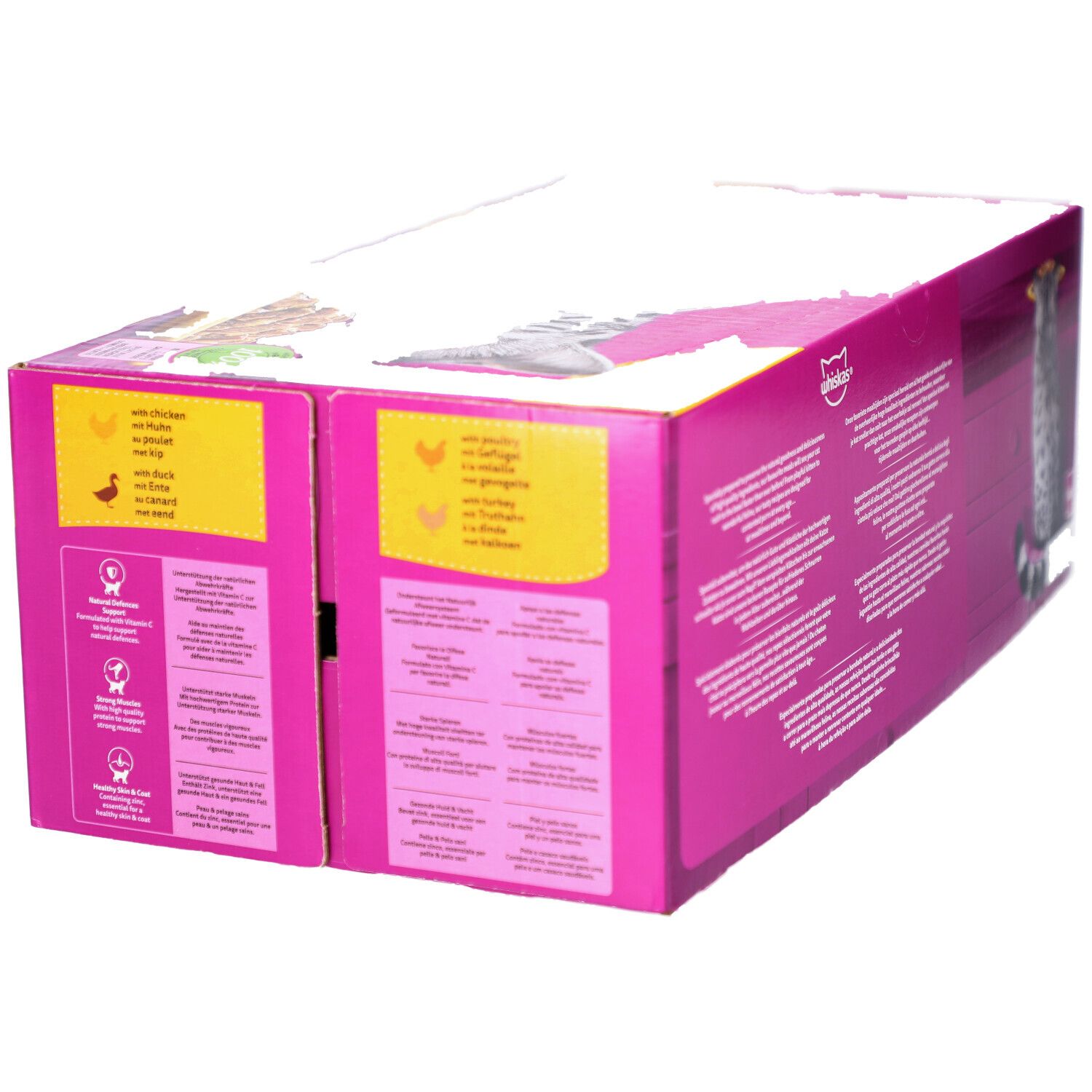Seitenansicht der rosa Whiskas-Box. Text: Fütterungsempfehlung, Zertifizierungen. Logo: Whiskas.