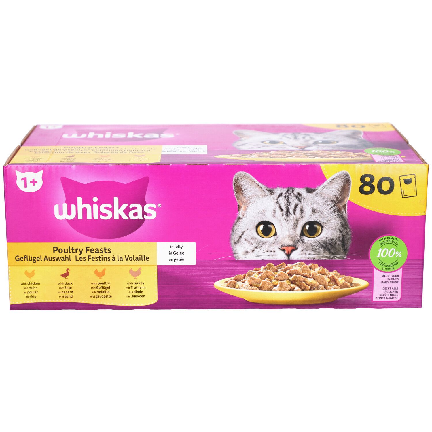 Rosa Karton mit Whiskas-Logo, Katze und Futter. Text: Poultry Feasts, 80 Beutel. 1+ Altersangabe. 100% Vollwertig.