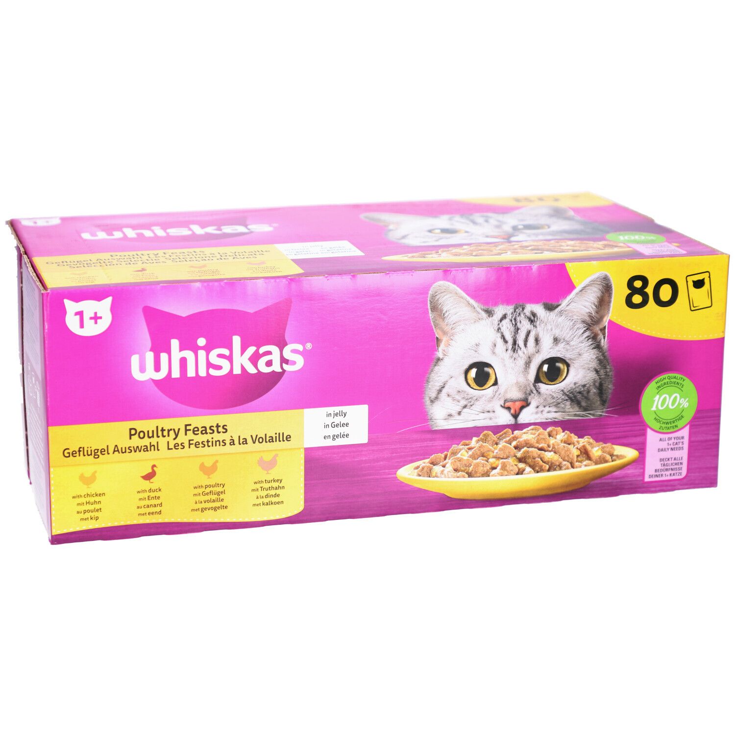Rosa Karton mit Whiskas-Logo, Katze und Futter. Text: Poultry Feasts, 80 Beutel. 1+ Altersangabe. 100% Vollwertig.