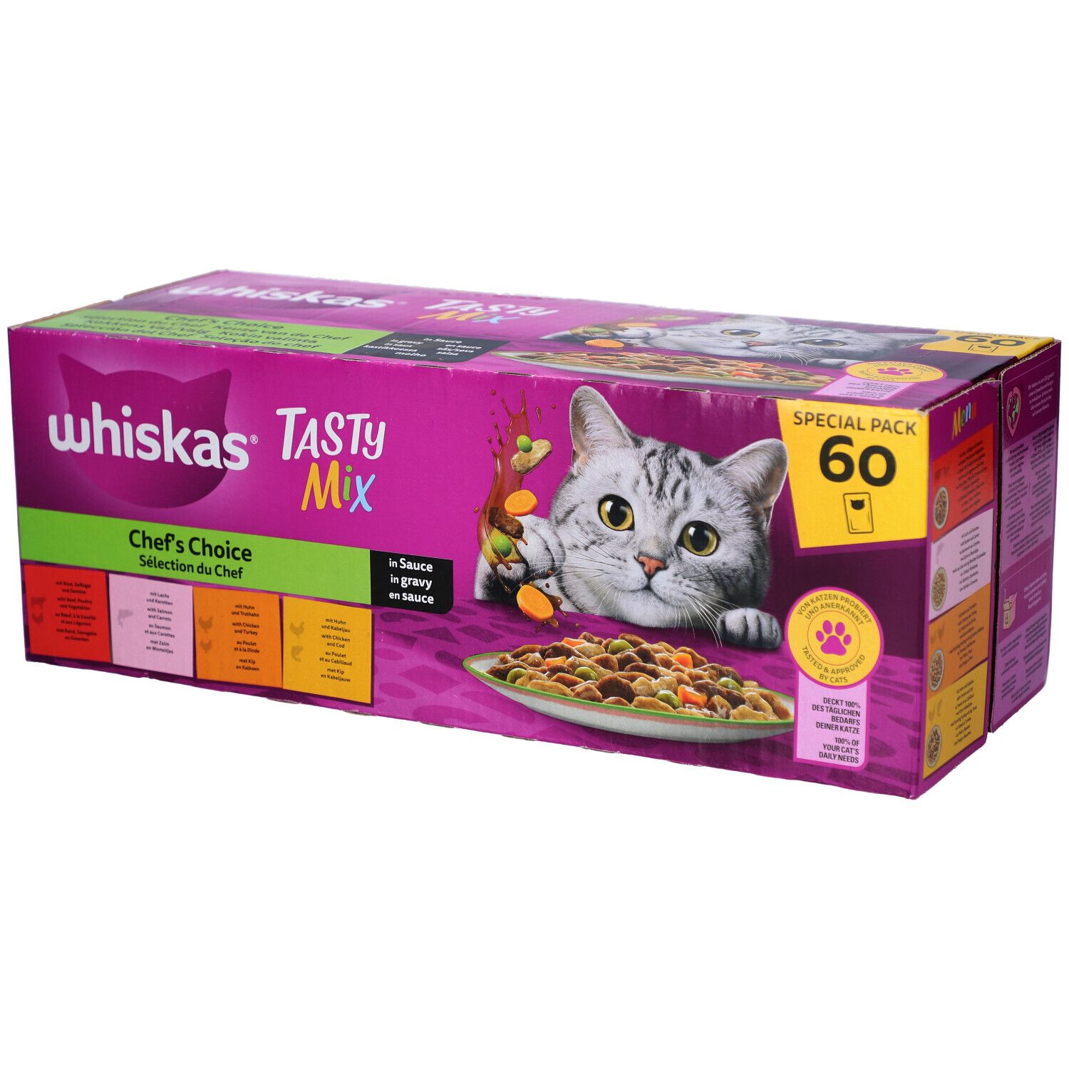 Großer Karton mit WHISKAS Tasty Mix. Aufdruck: Chef's Choice, 60 Beutel. Abbildung einer Katze und Futter.